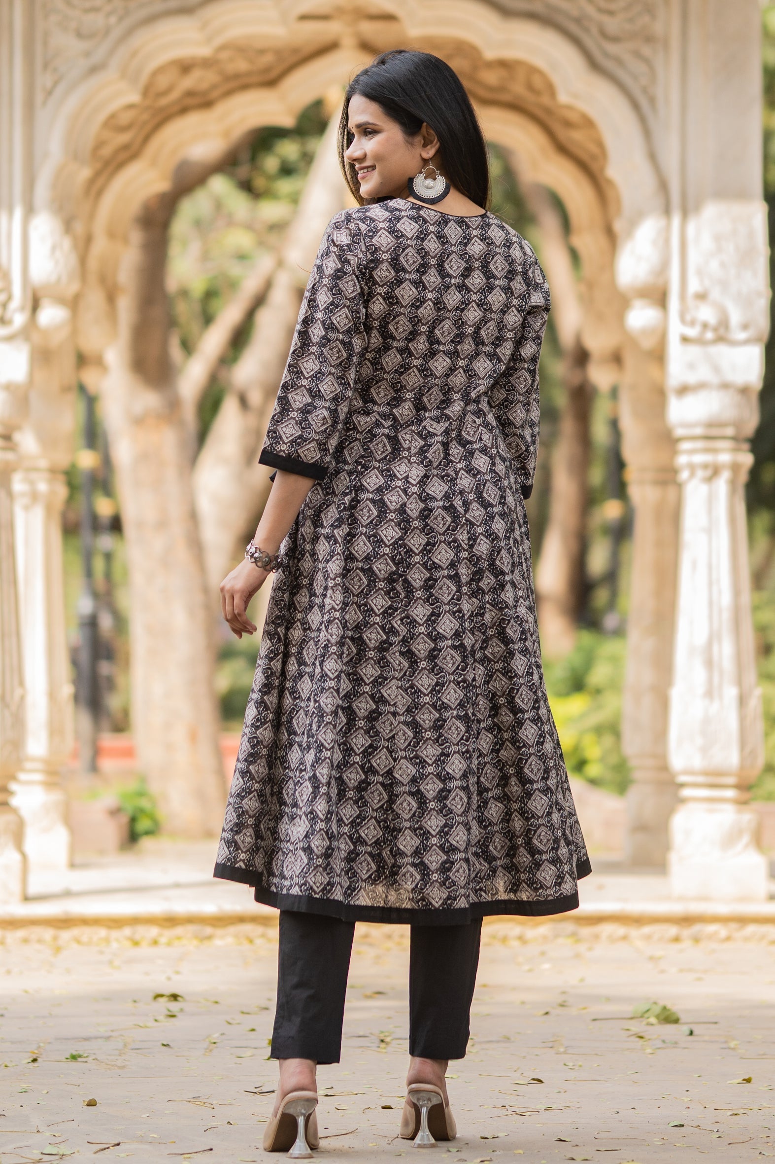 Black Cotton Boota Print Angrakha Kurta White Pants Set