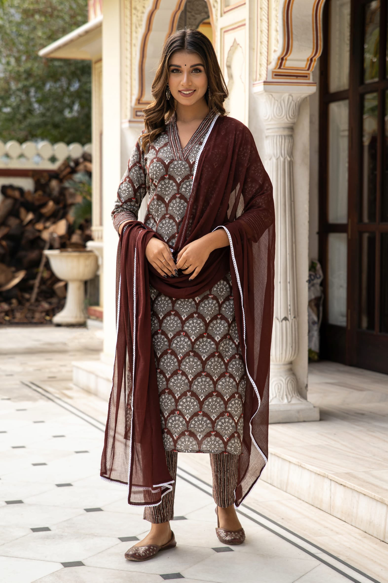 Brown Dabu Hand Block Cotton Kurta Pant & Chiffon Dupatta