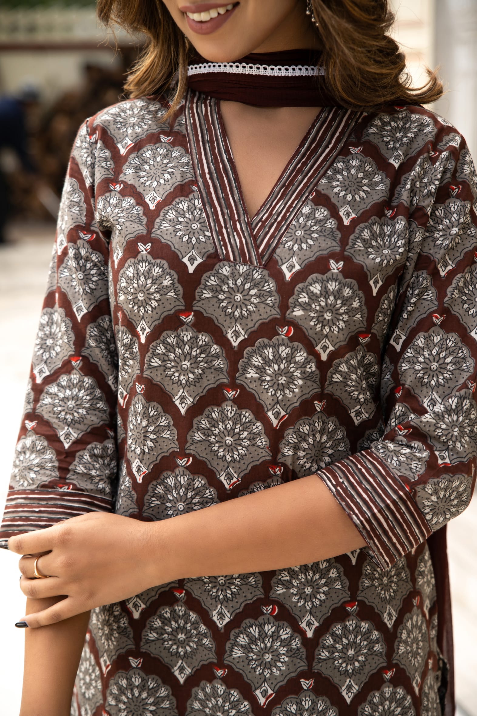 Brown Dabu Hand Block Cotton Kurta Pant & Chiffon Dupatta