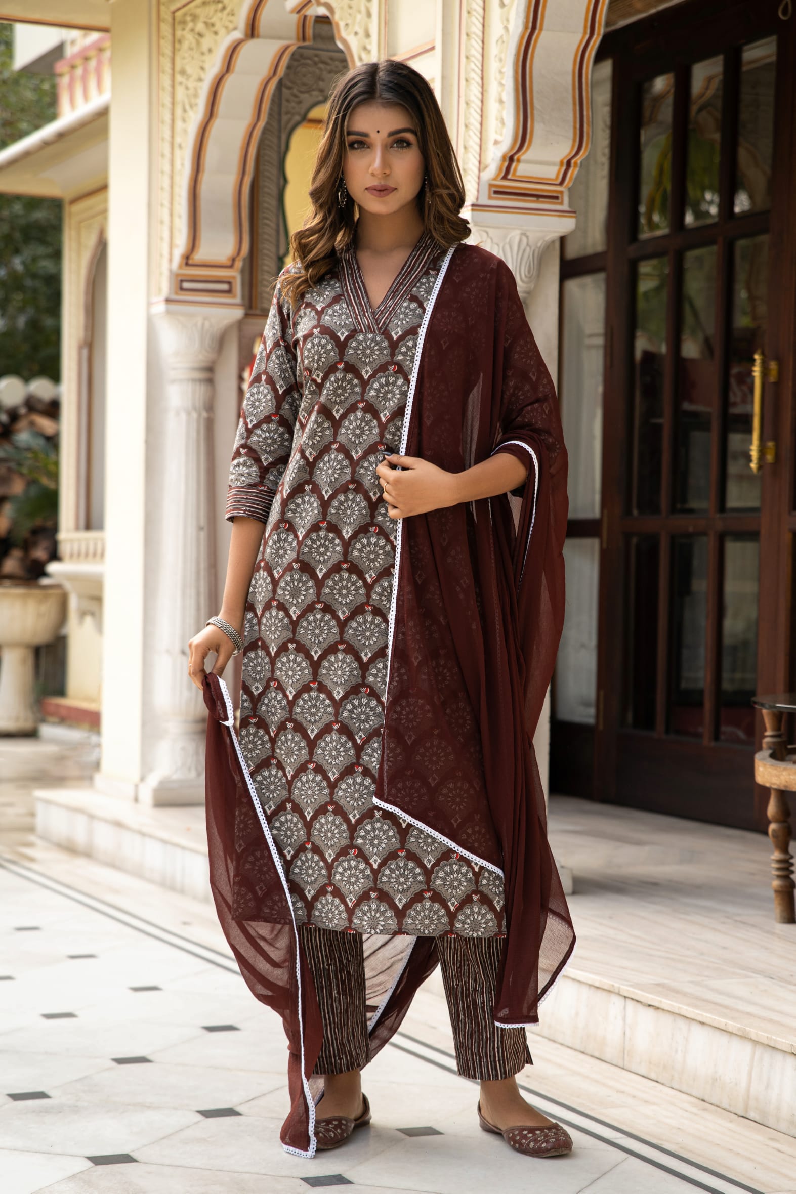 Brown Dabu Hand Block Cotton Kurta Pant & Chiffon Dupatta