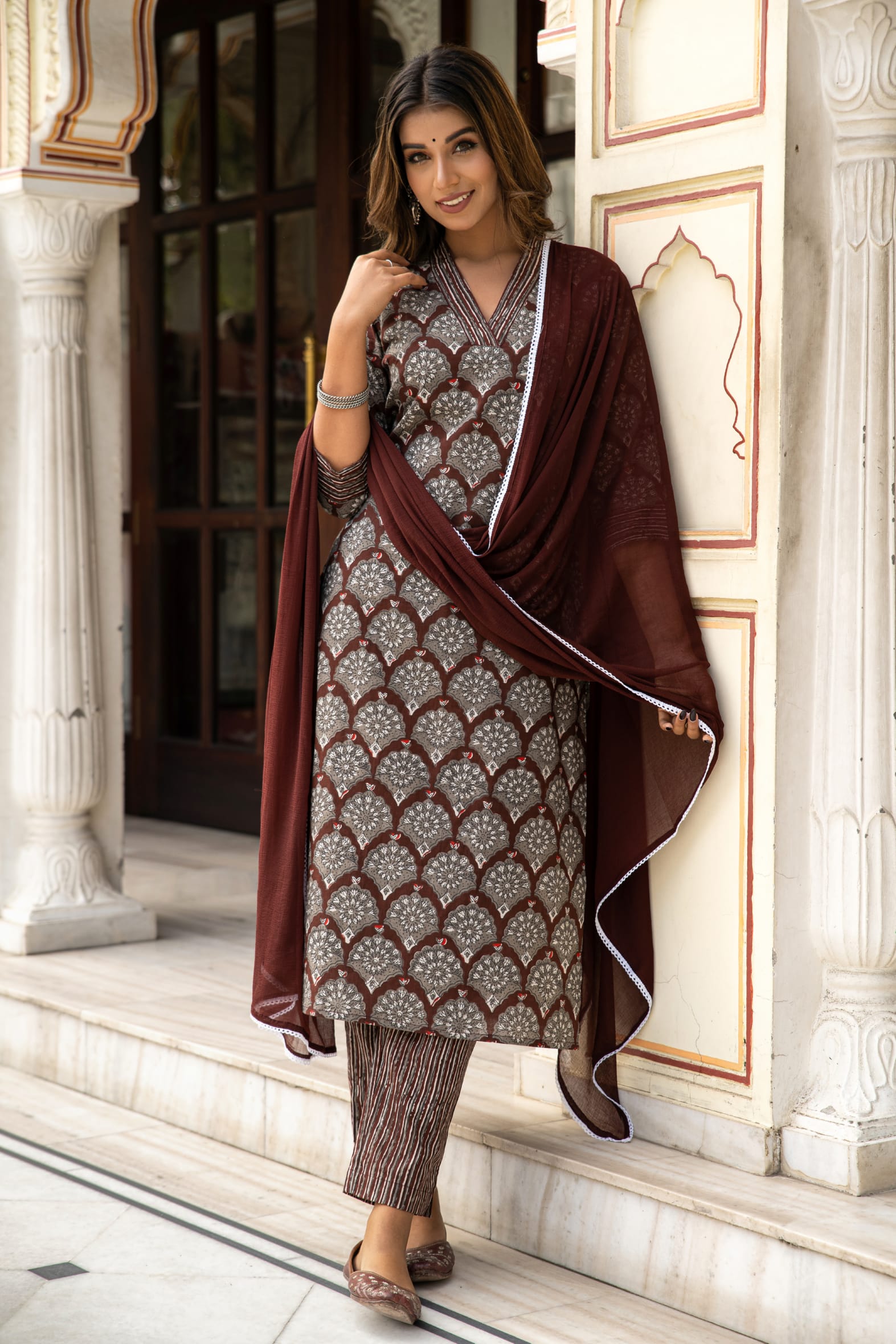Brown Dabu Hand Block Cotton Kurta Pant & Chiffon Dupatta