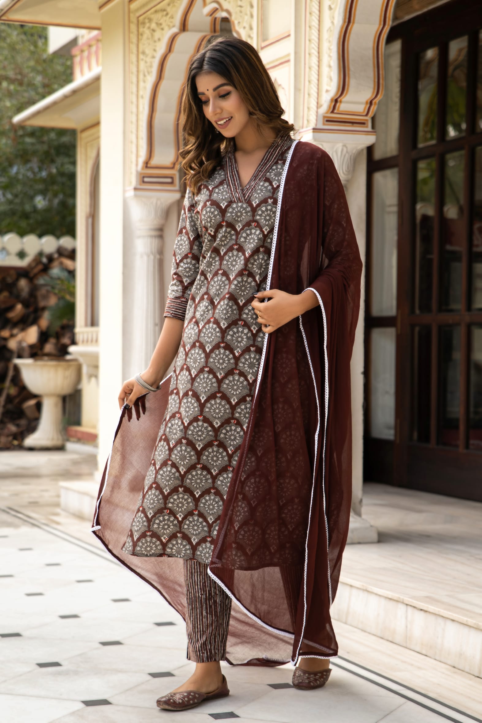 Brown Dabu Hand Block Cotton Kurta Pant & Chiffon Dupatta