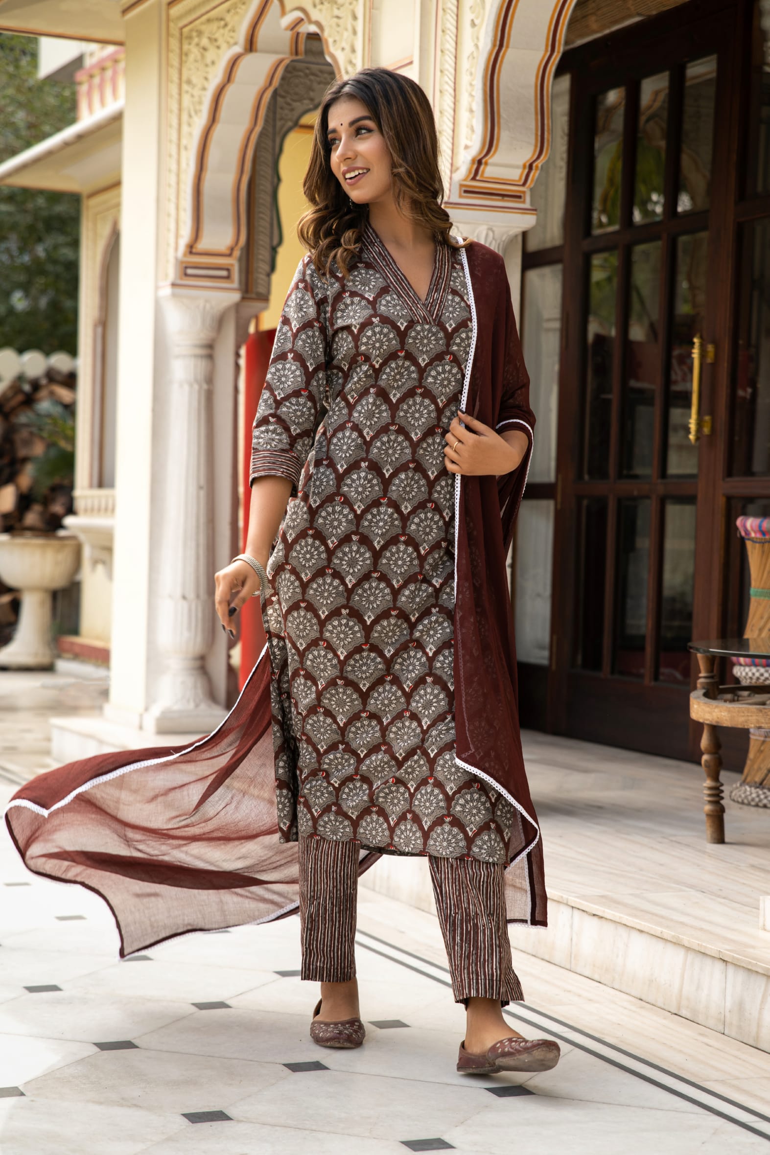 Brown Dabu Hand Block Cotton Kurta Pant & Chiffon Dupatta