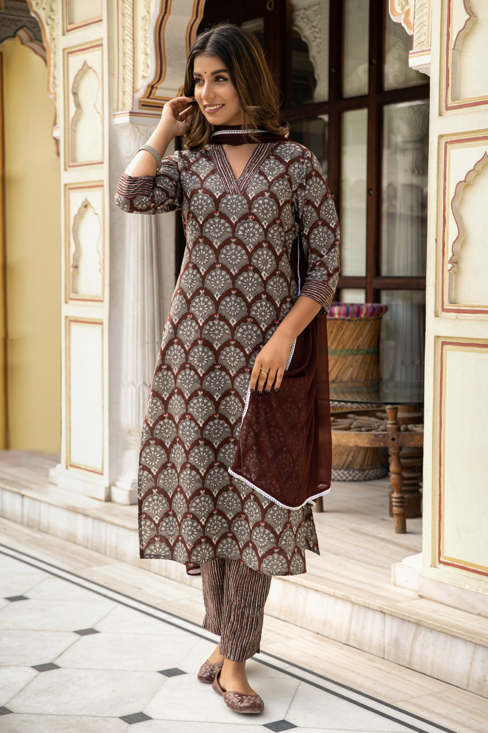 Brown Dabu Hand Block Cotton Kurta Pant & Chiffon Dupatta