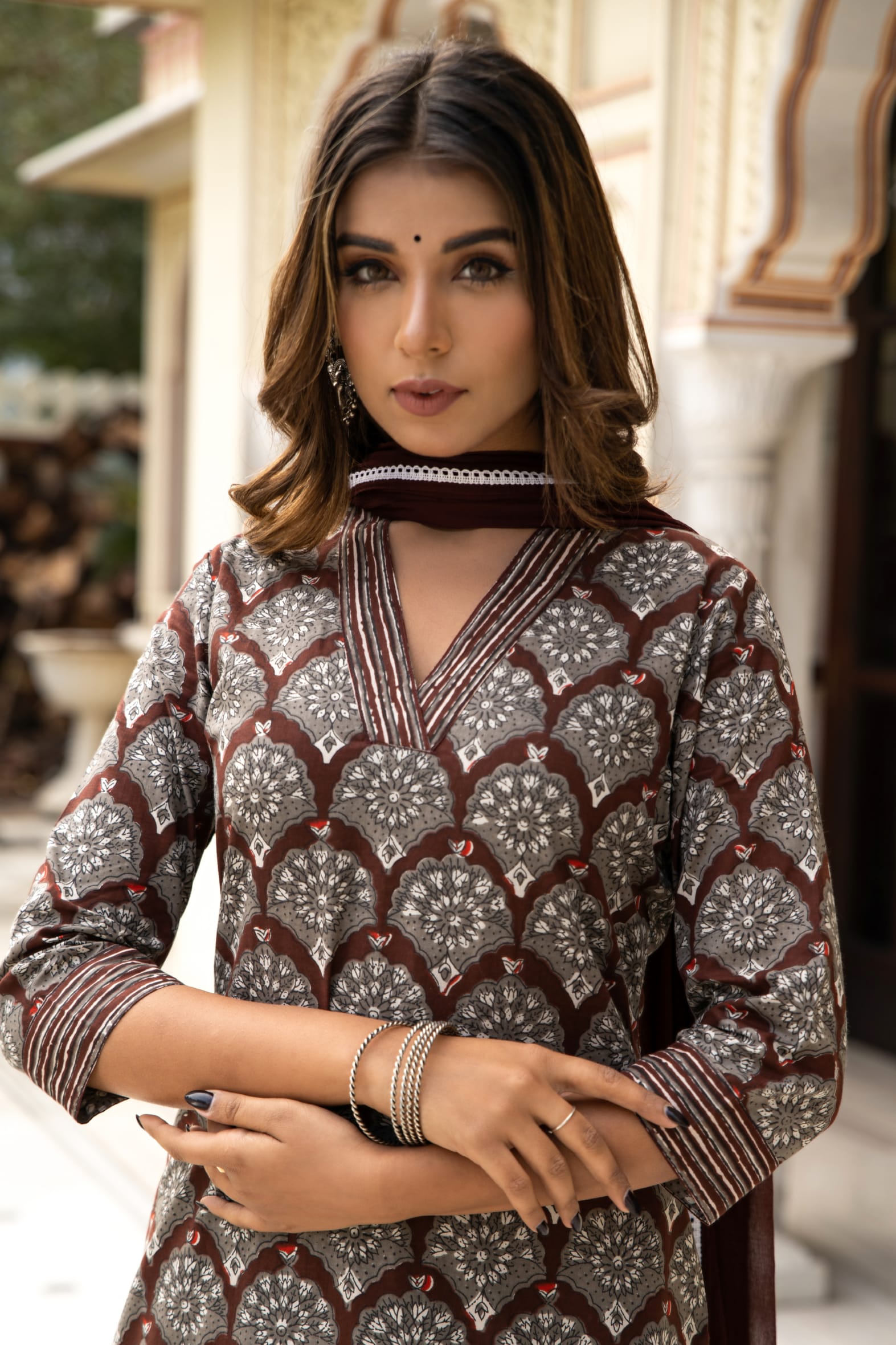 Brown Dabu Hand Block Cotton Kurta Pant & Chiffon Dupatta