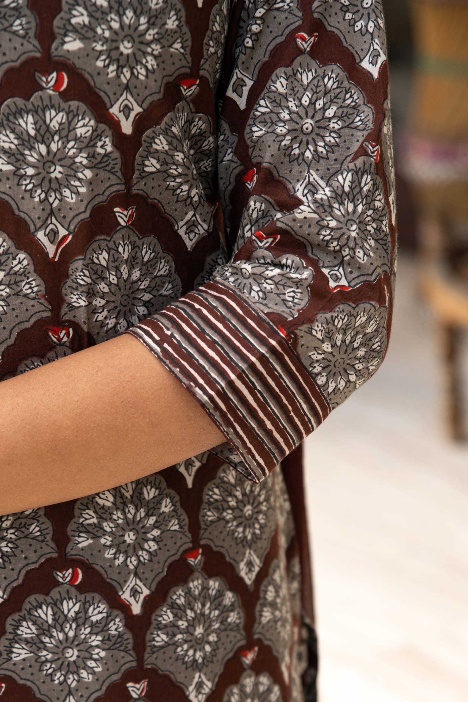 Brown Dabu Hand Block Cotton Kurta Pant & Chiffon Dupatta