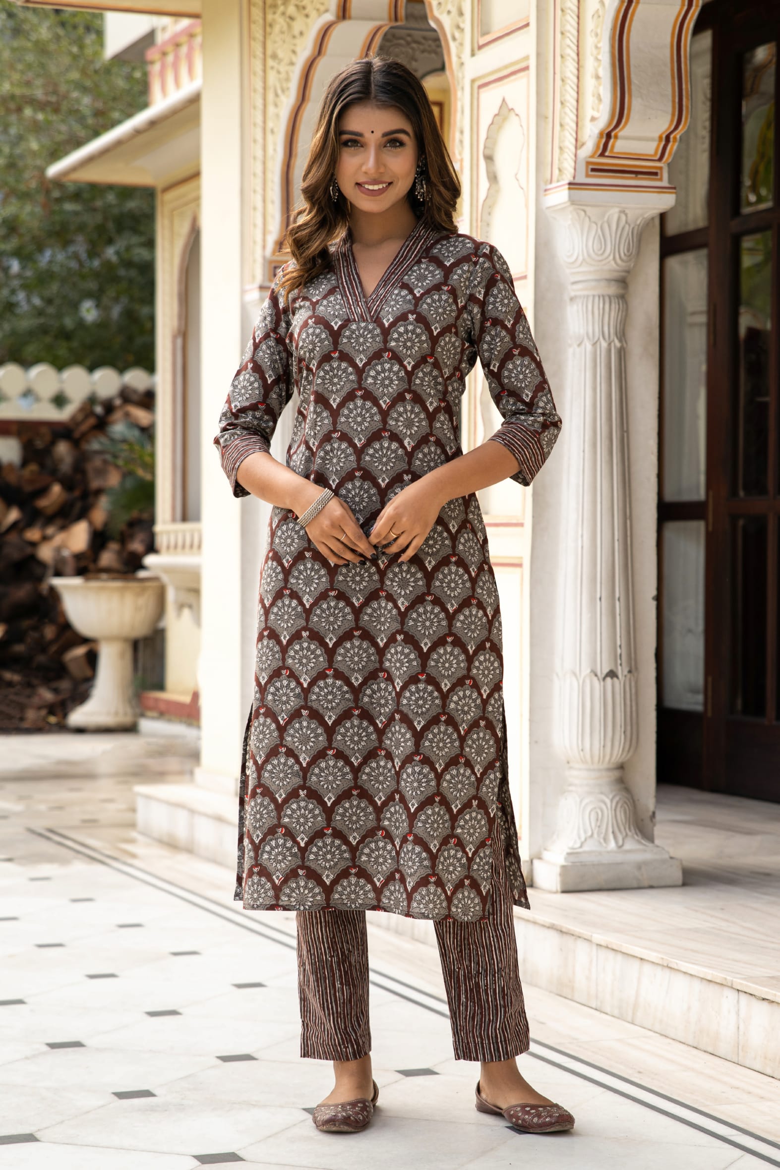 Earthy Brown Dabu Hand Block Cotton Kurta Pants Set
