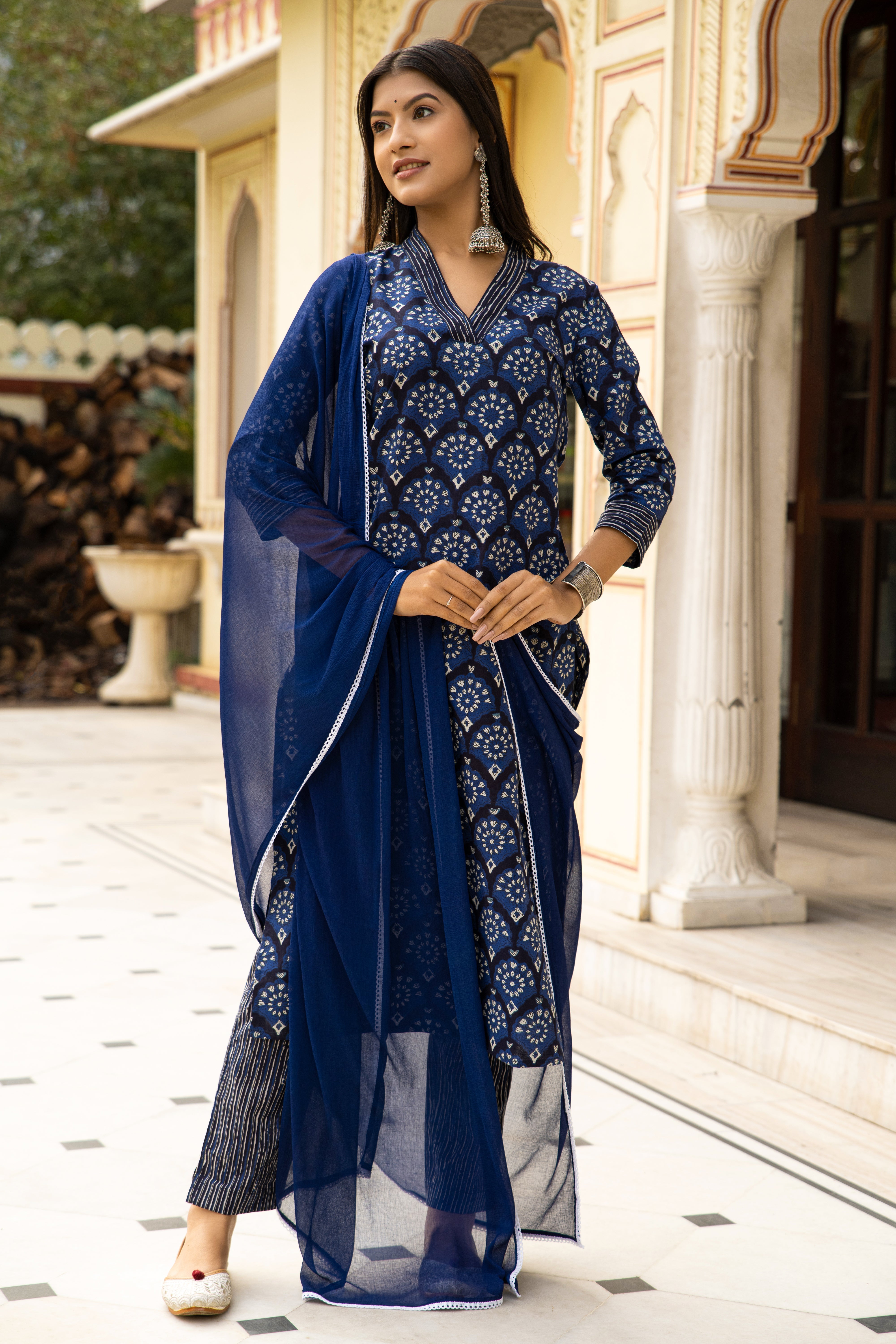 Blue Dabu Hand Block Cotton Kurta Pant & Chiffon Dupatta