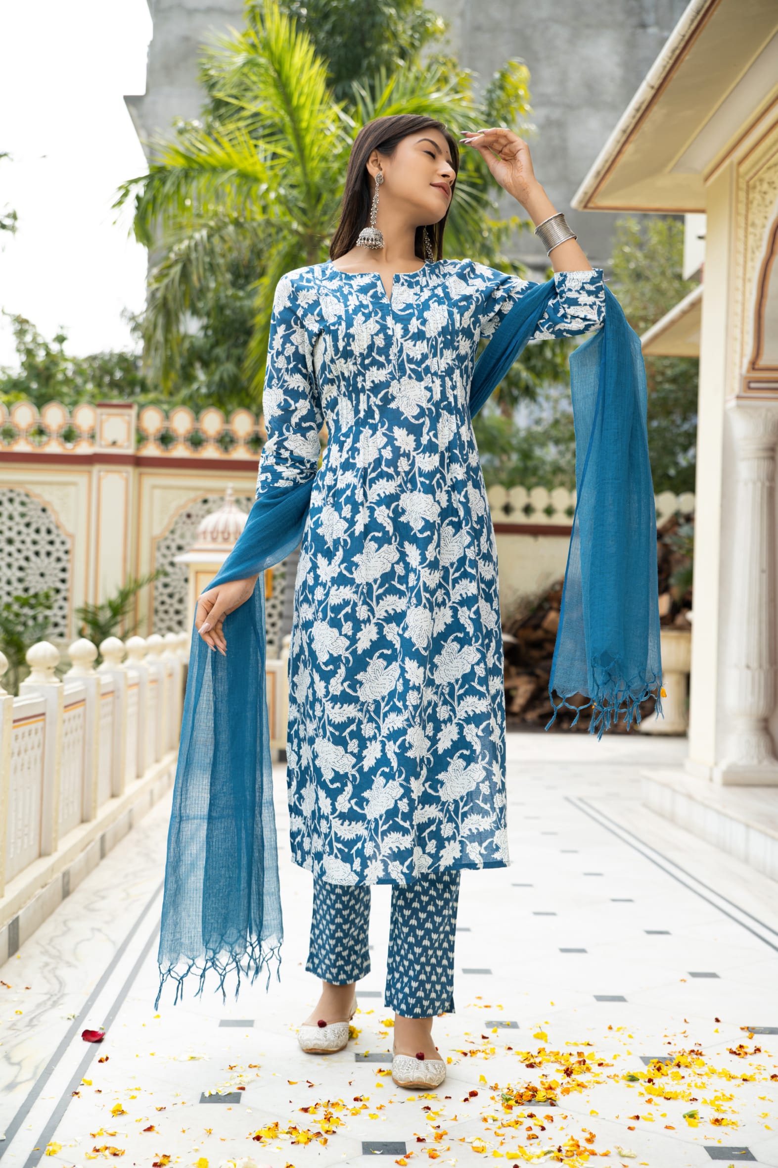 Blue Hand Block Cotton Kurta Pant & Kota Doria Set