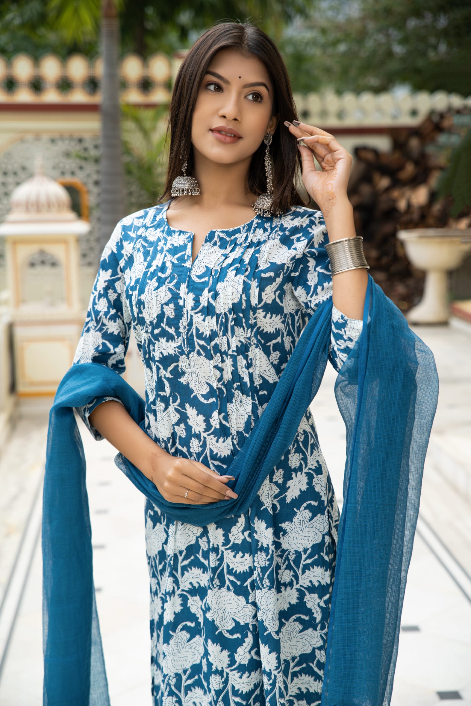 Blue Hand Block Cotton Kurta Pant & Kota Doria Set