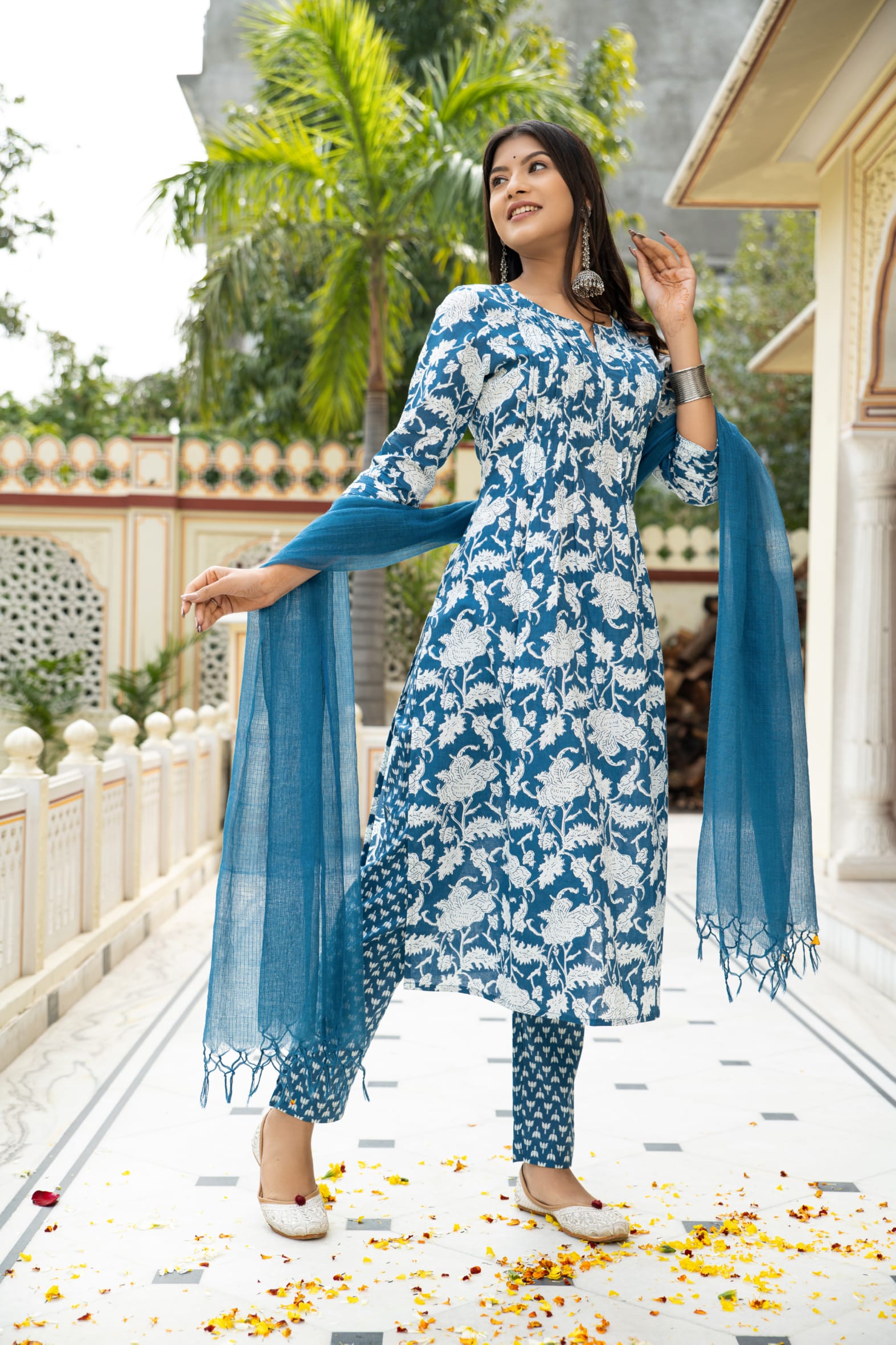 Blue Hand Block Cotton Kurta Pant & Kota Doria Set