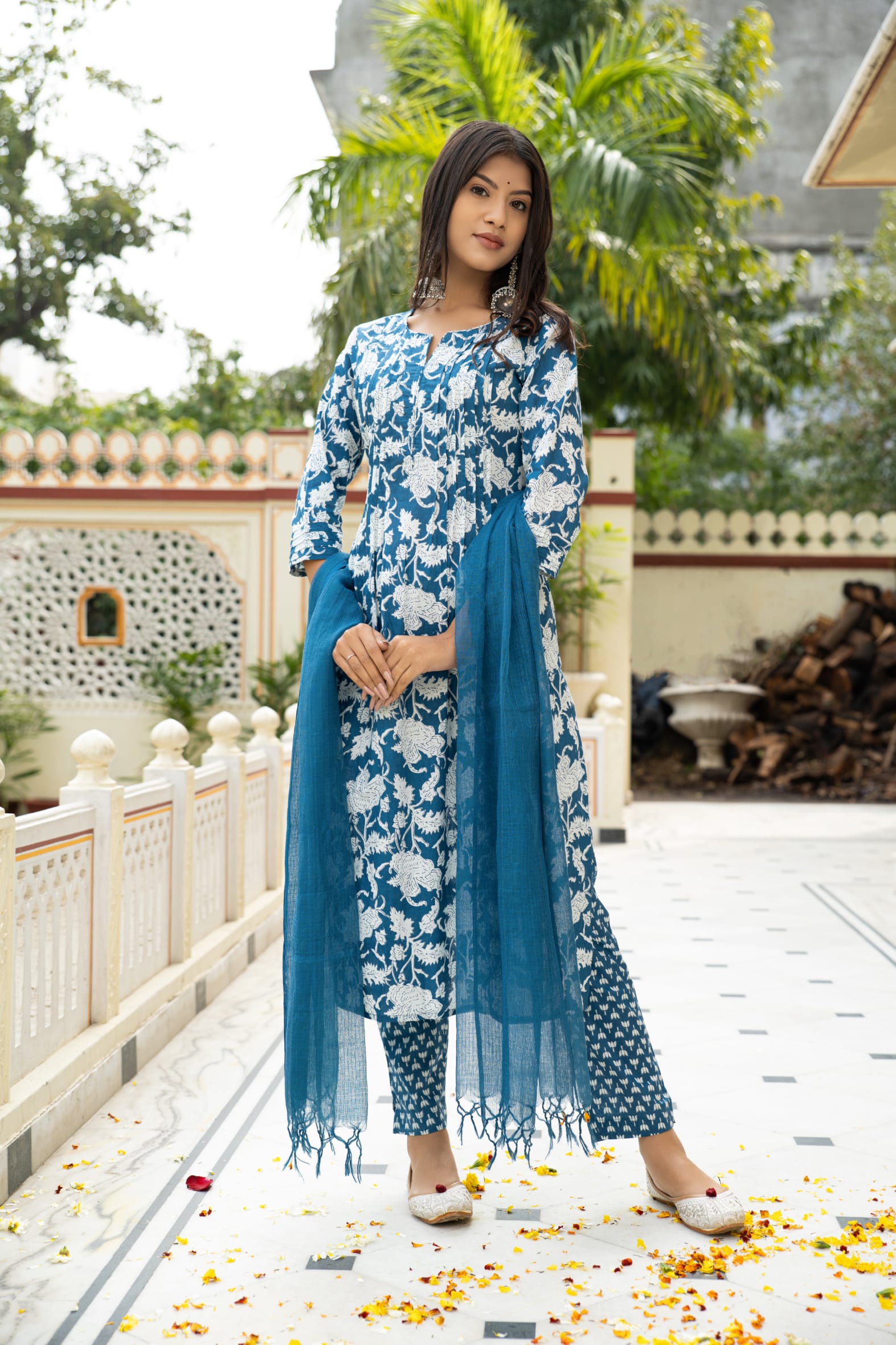 Blue Hand Block Cotton Kurta Pant & Kota Doria Set