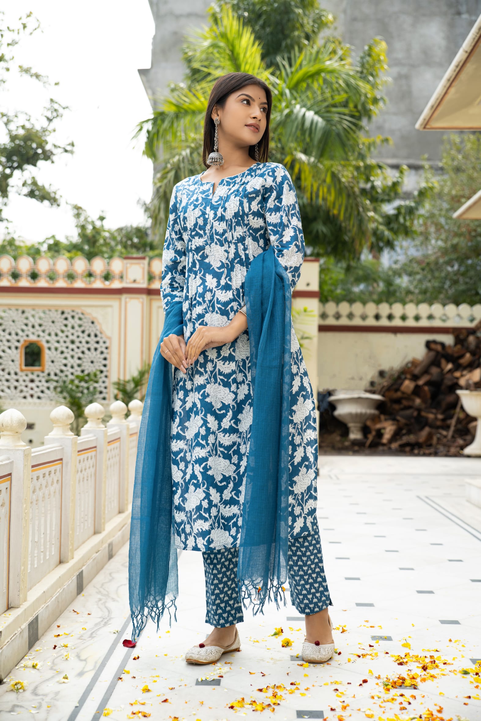 Blue Hand Block Cotton Kurta Pant & Kota Doria Set