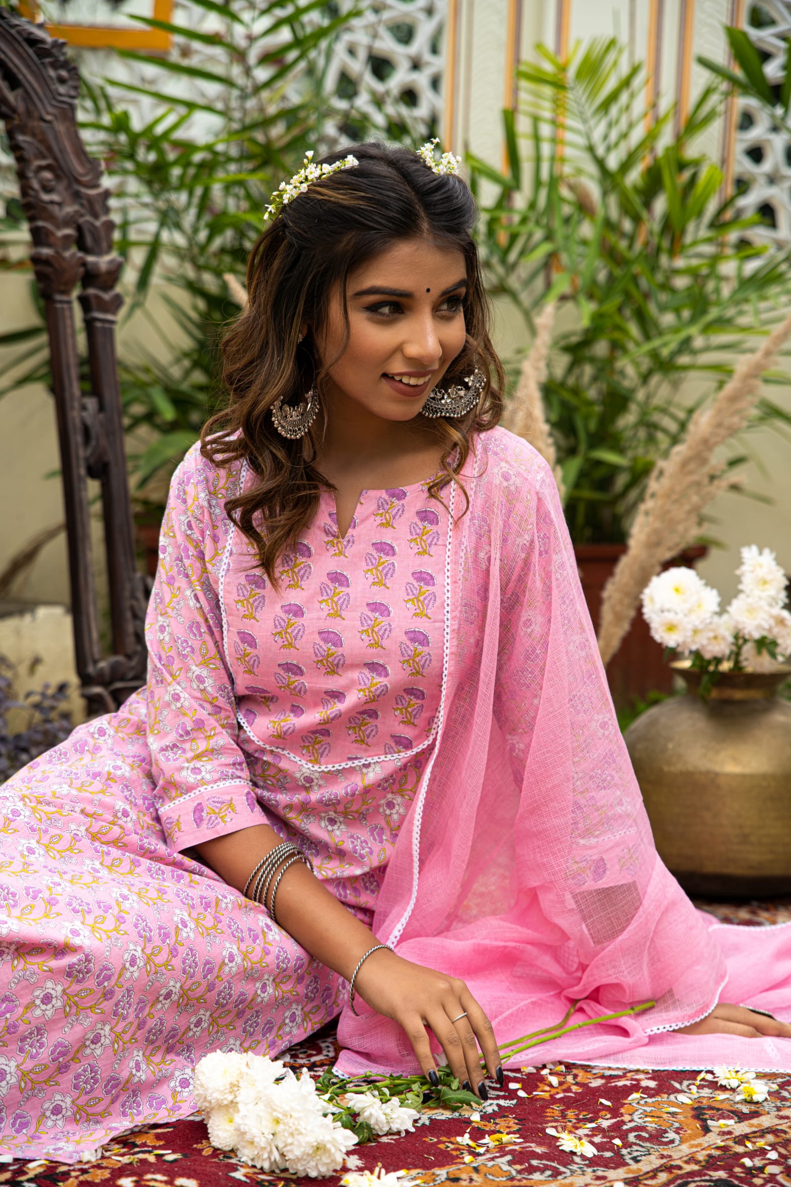 Pink Cotton Kurta Pant & Kota Doria Dupatta Set
