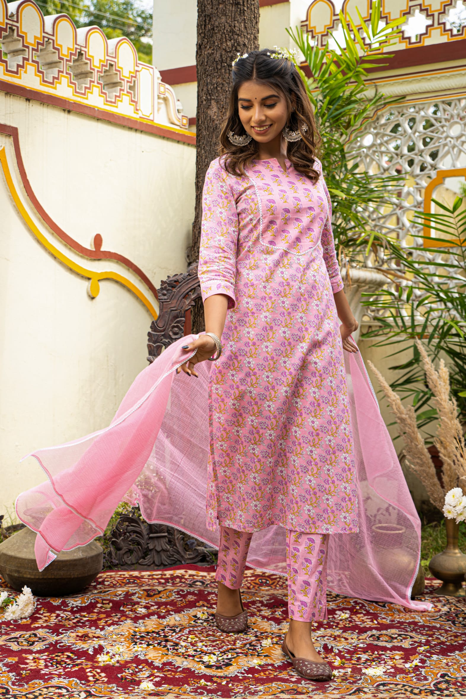Pink Cotton Kurta Pant & Kota Doria Dupatta Set