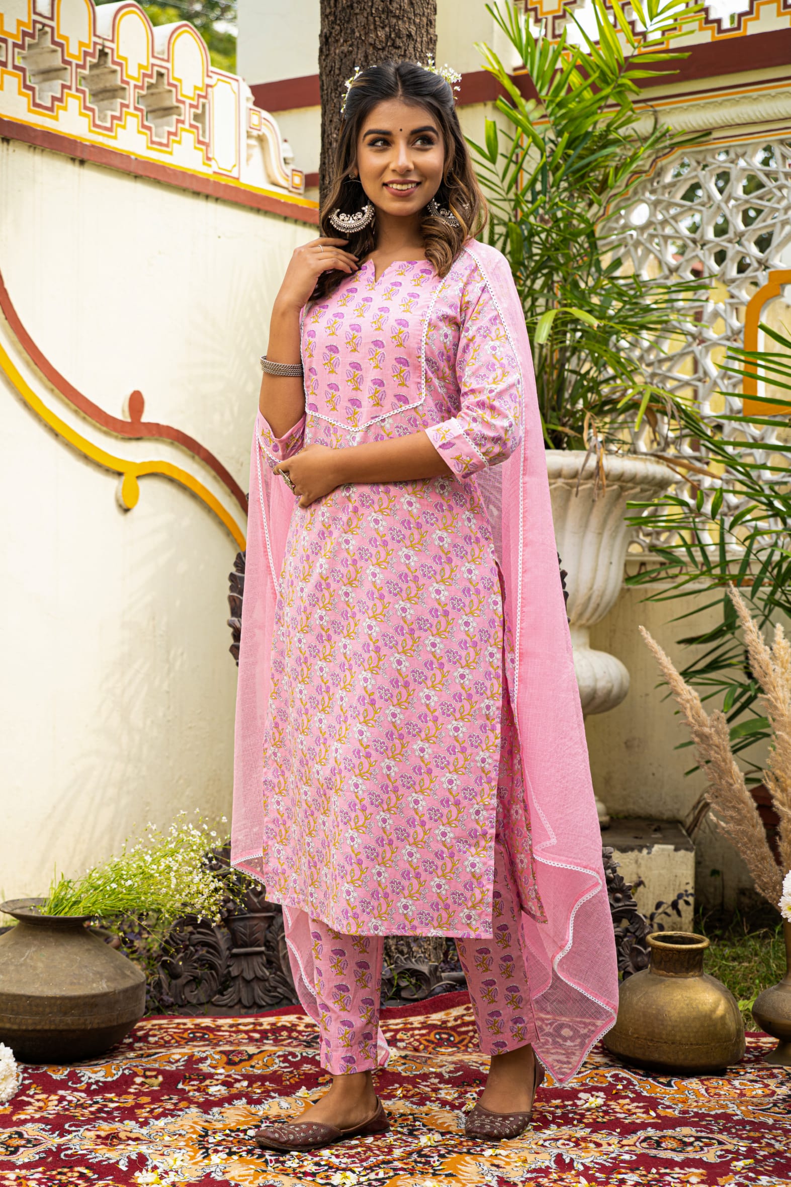 Pink Cotton Kurta Pant & Kota Doria Dupatta Set