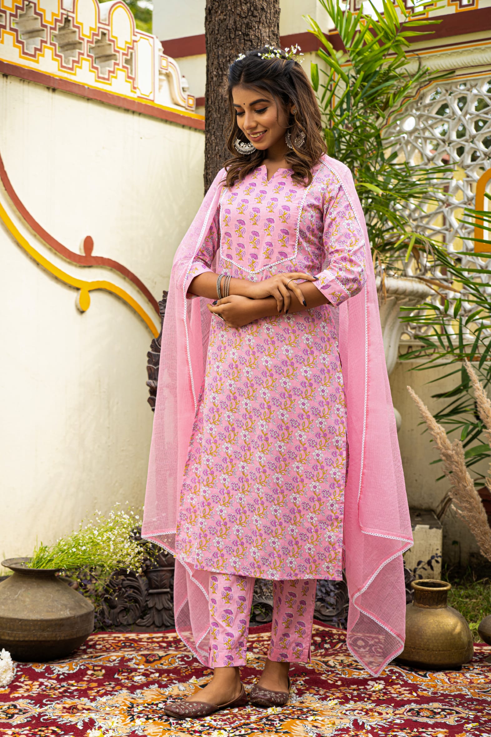 Pink Cotton Kurta Pant & Kota Doria Dupatta Set