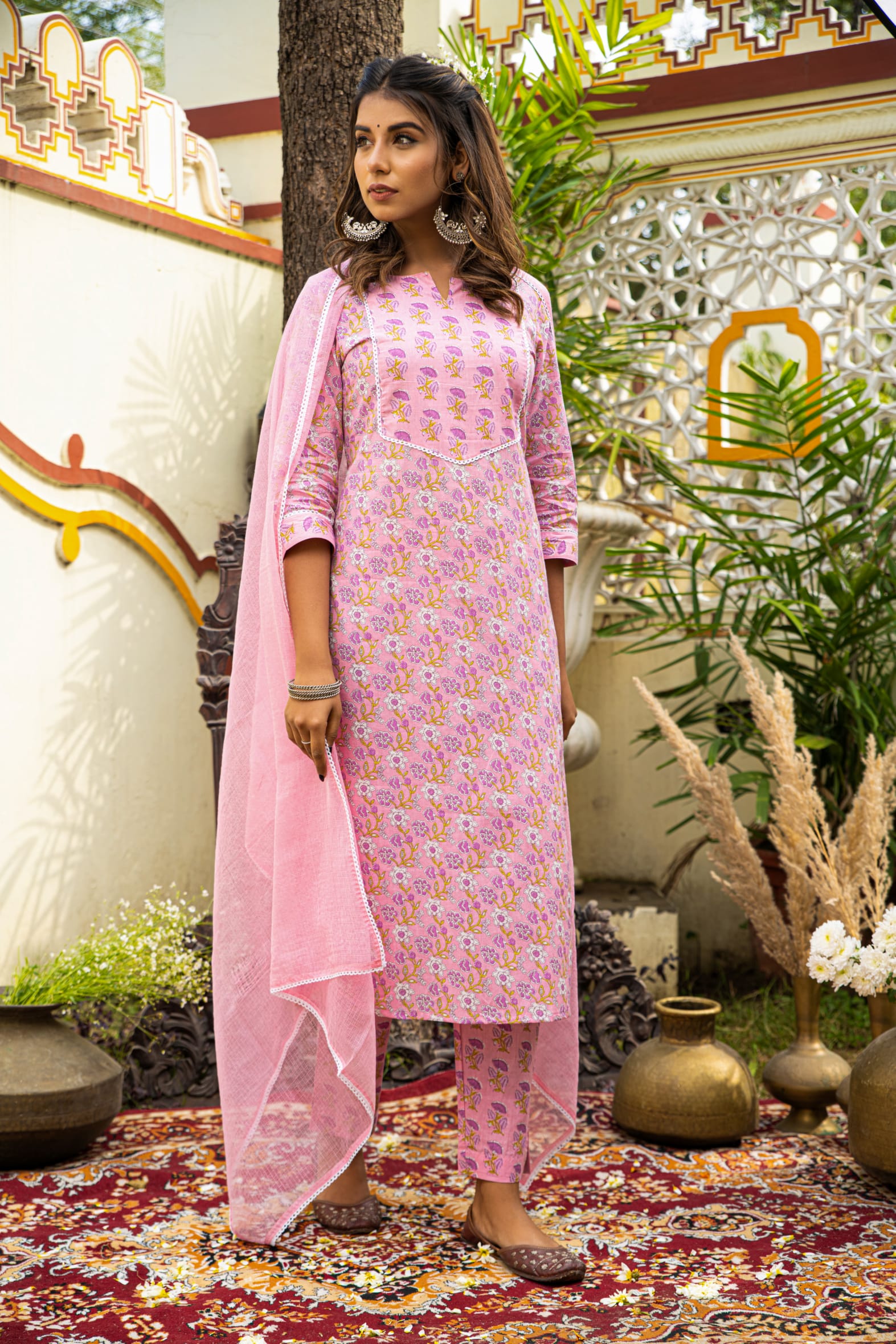 Pink Cotton Kurta Pant & Kota Doria Dupatta Set