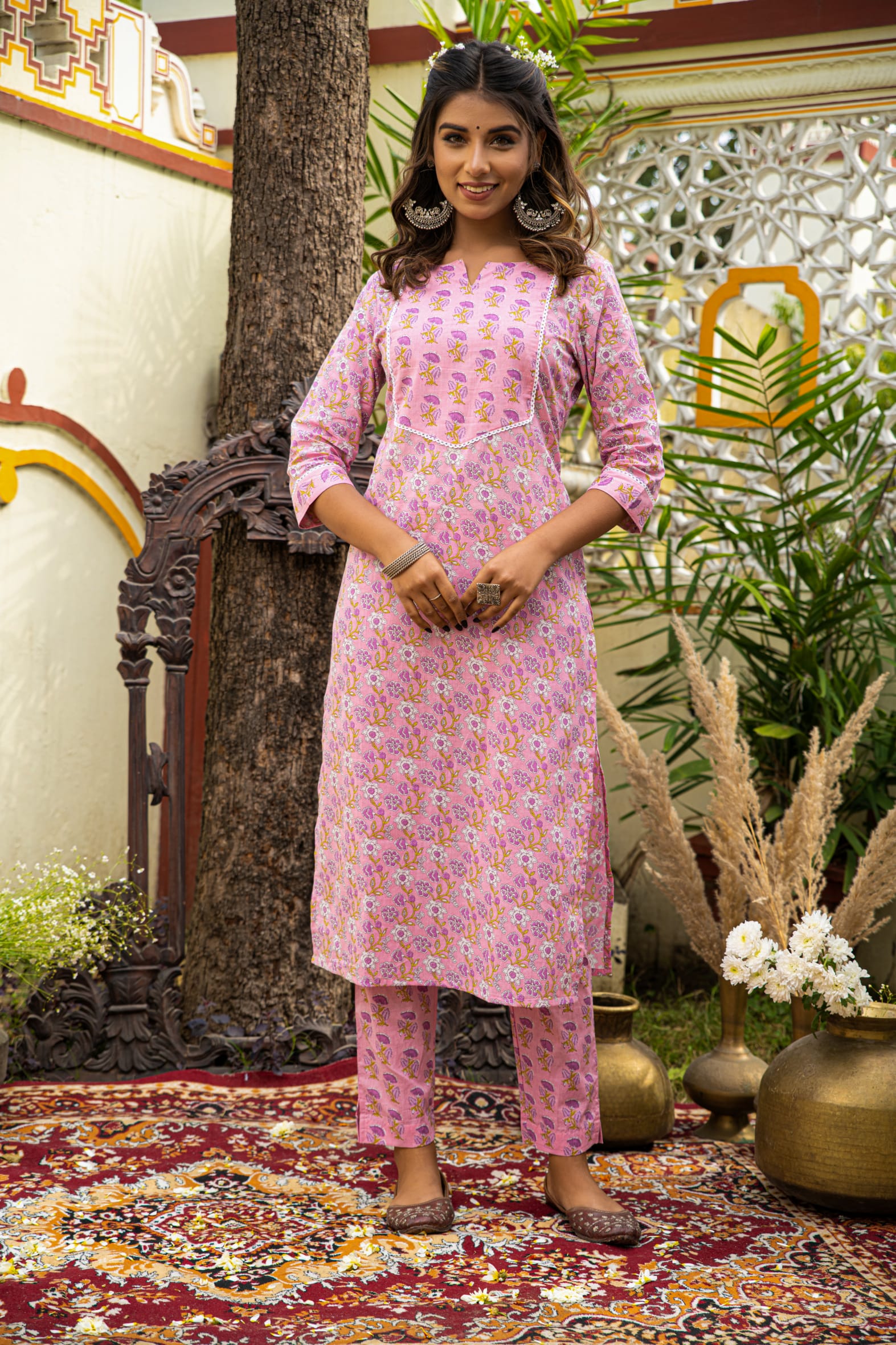 Pink Cotton Kurta Pant & Kota Doria Dupatta Set