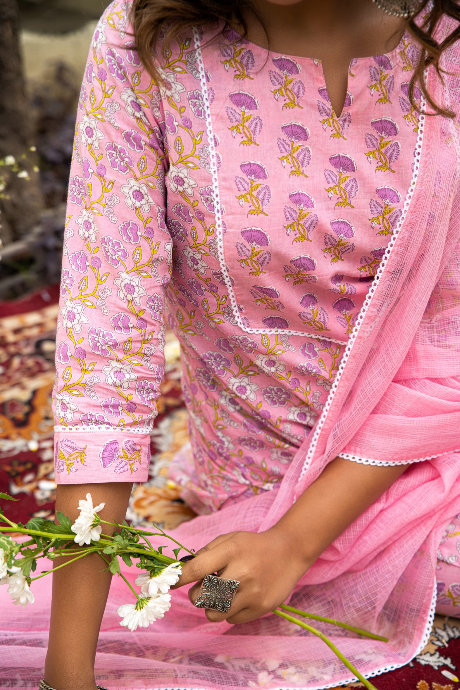 Pink Cotton Kurta Pant & Kota Doria Dupatta Set