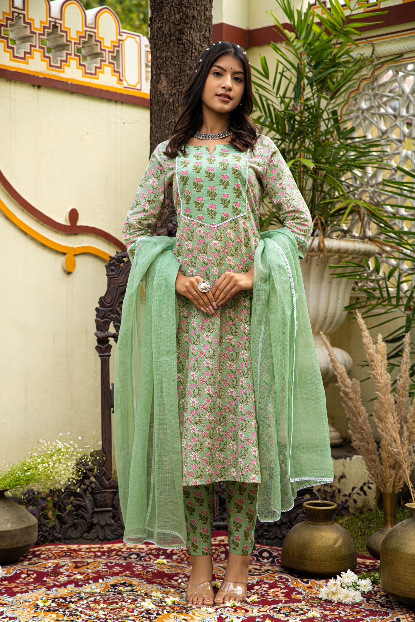 Green Cotton Kurta Pant & Kota Doria Dupatta Set