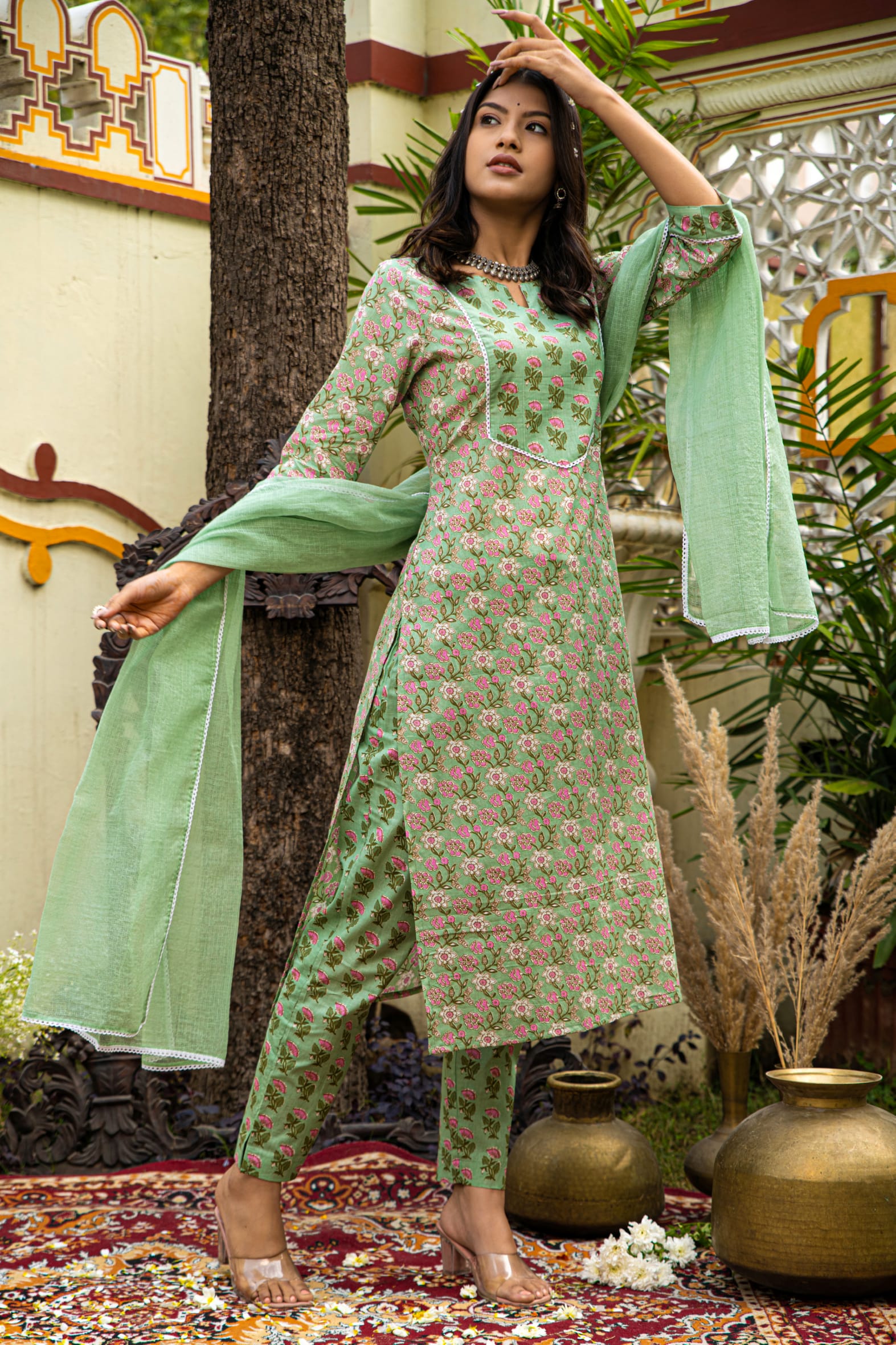 Green Cotton Kurta Pant & Kota Doria Dupatta Set