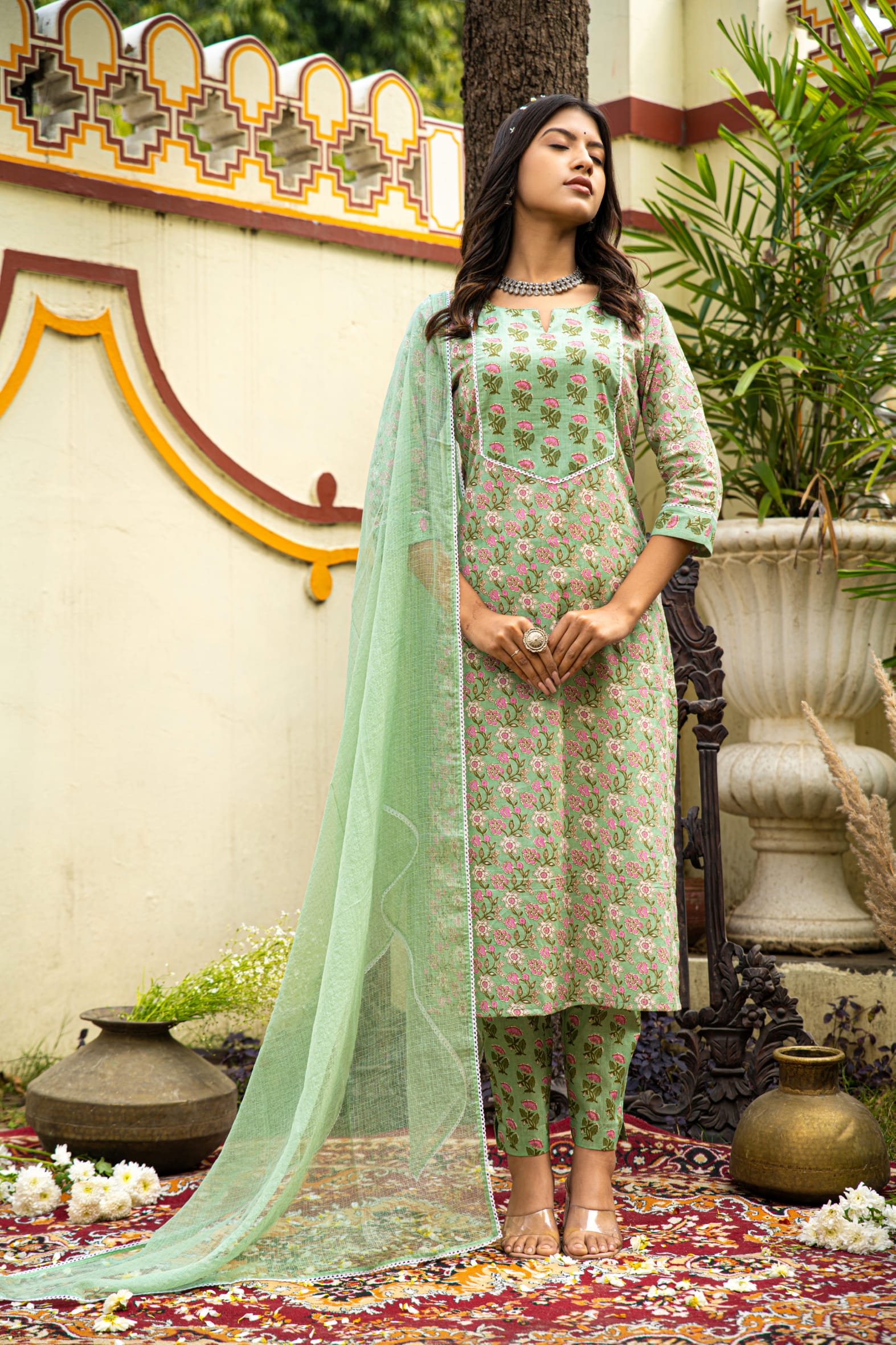 Green Cotton Kurta Pant & Kota Doria Dupatta Set
