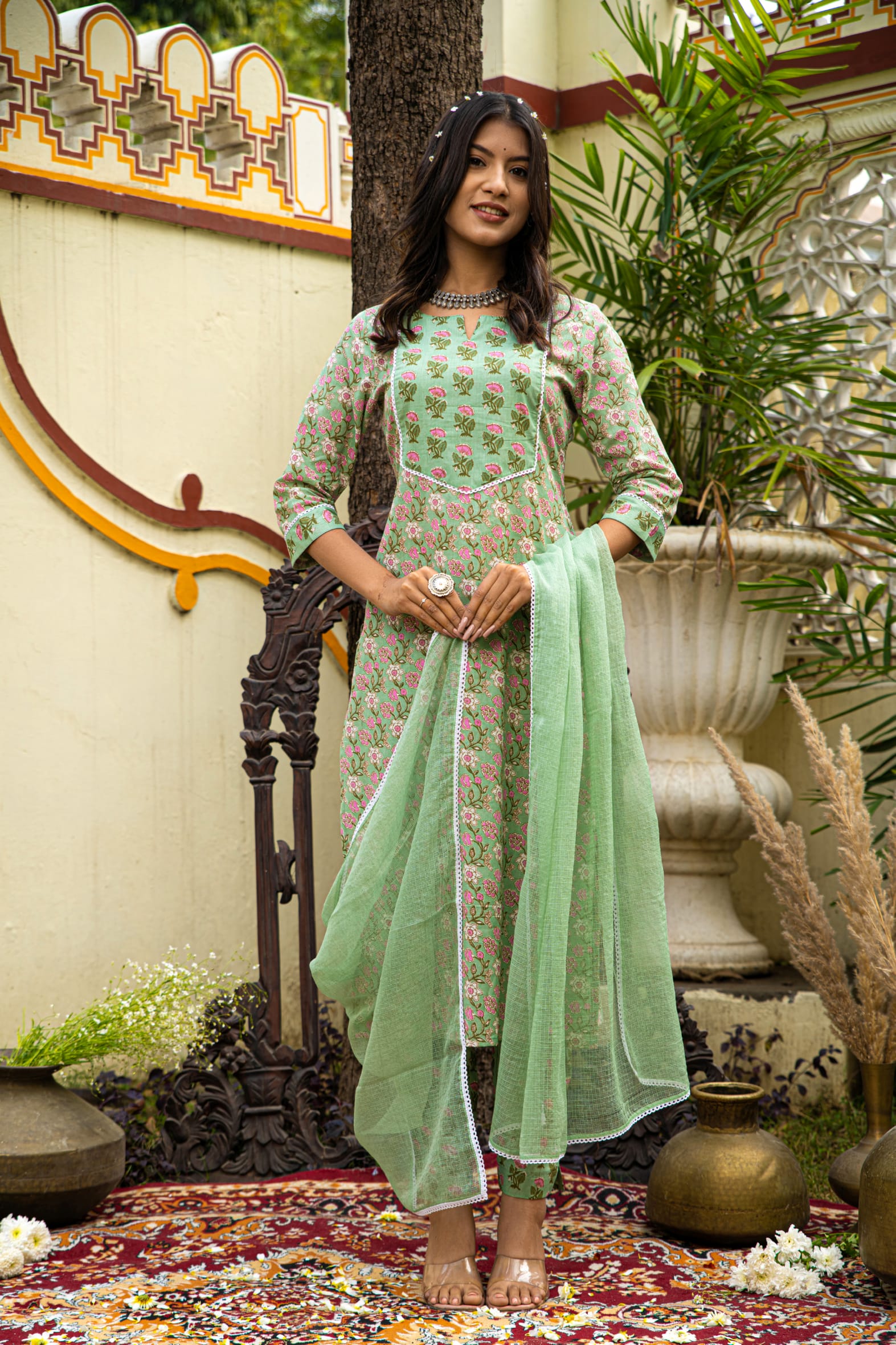 Green Cotton Kurta Pant & Kota Doria Dupatta Set