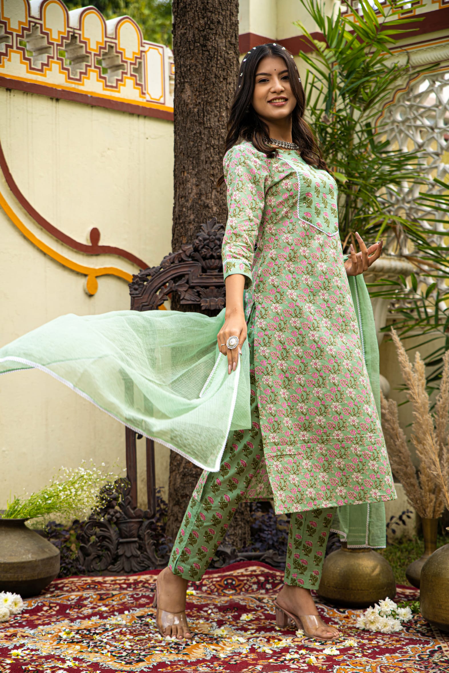 Green Cotton Kurta Pant & Kota Doria Dupatta Set