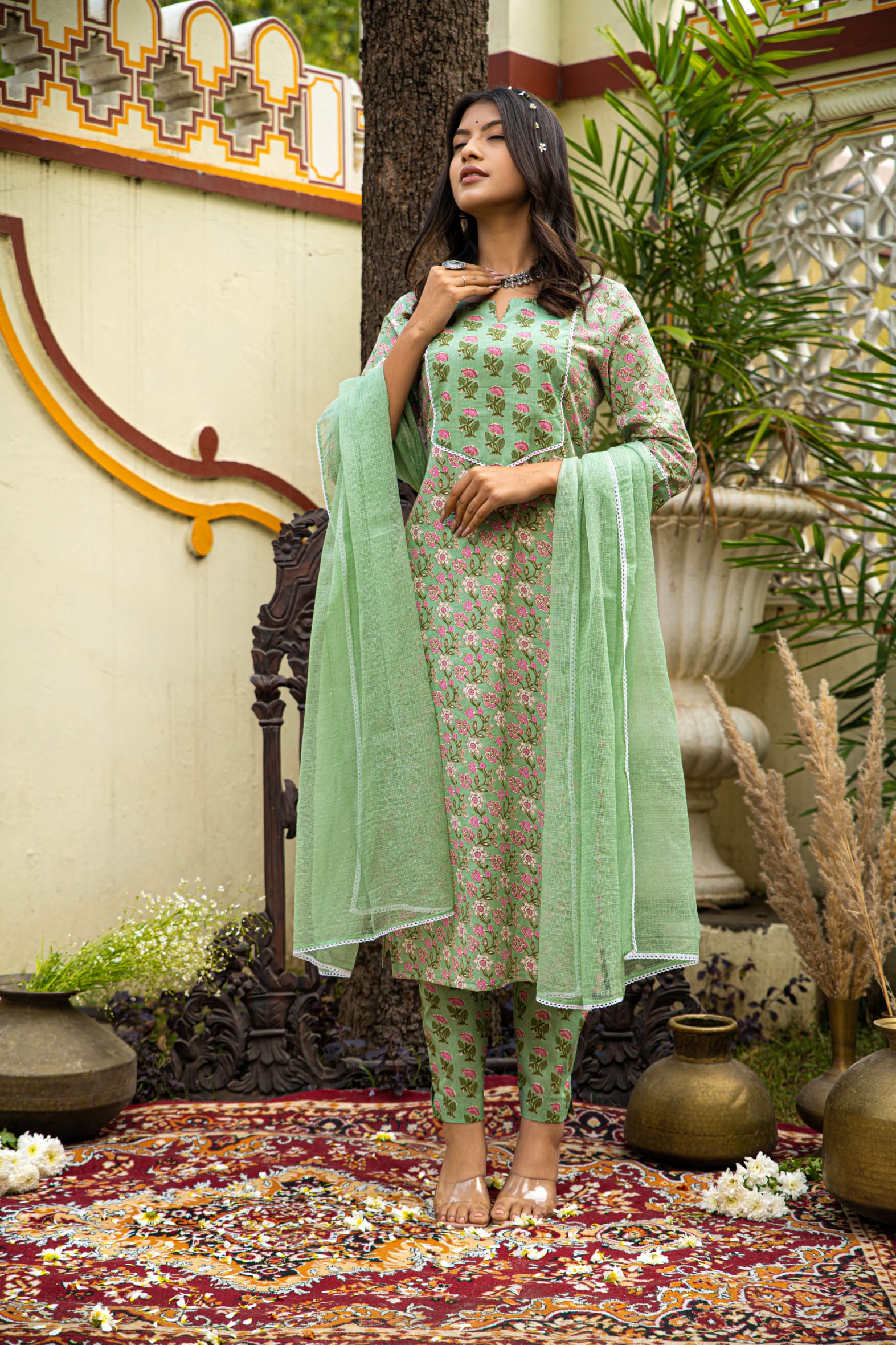 Green Cotton Kurta Pant & Kota Doria Dupatta Set