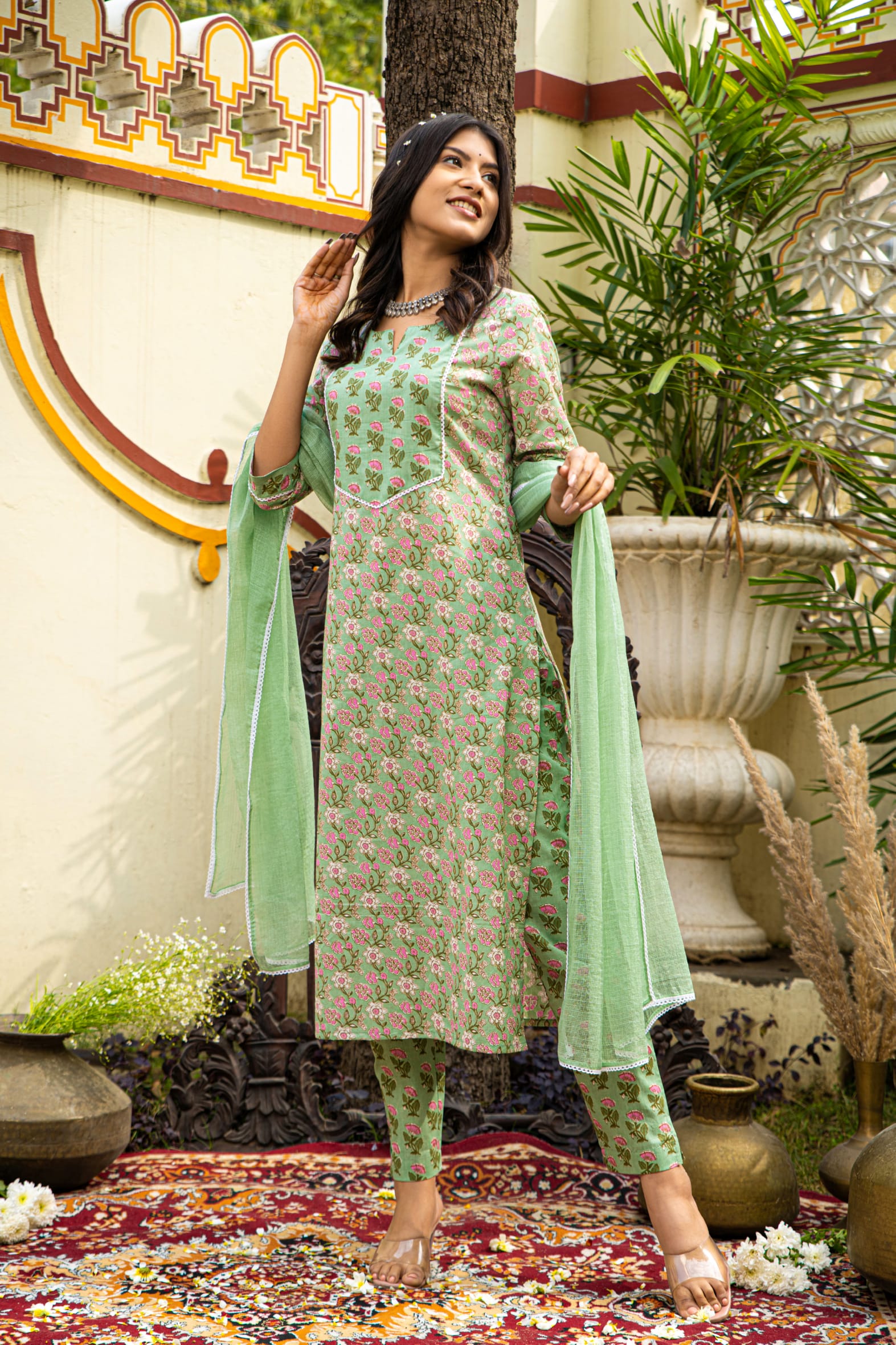 Green Cotton Kurta Pant & Kota Doria Dupatta Set