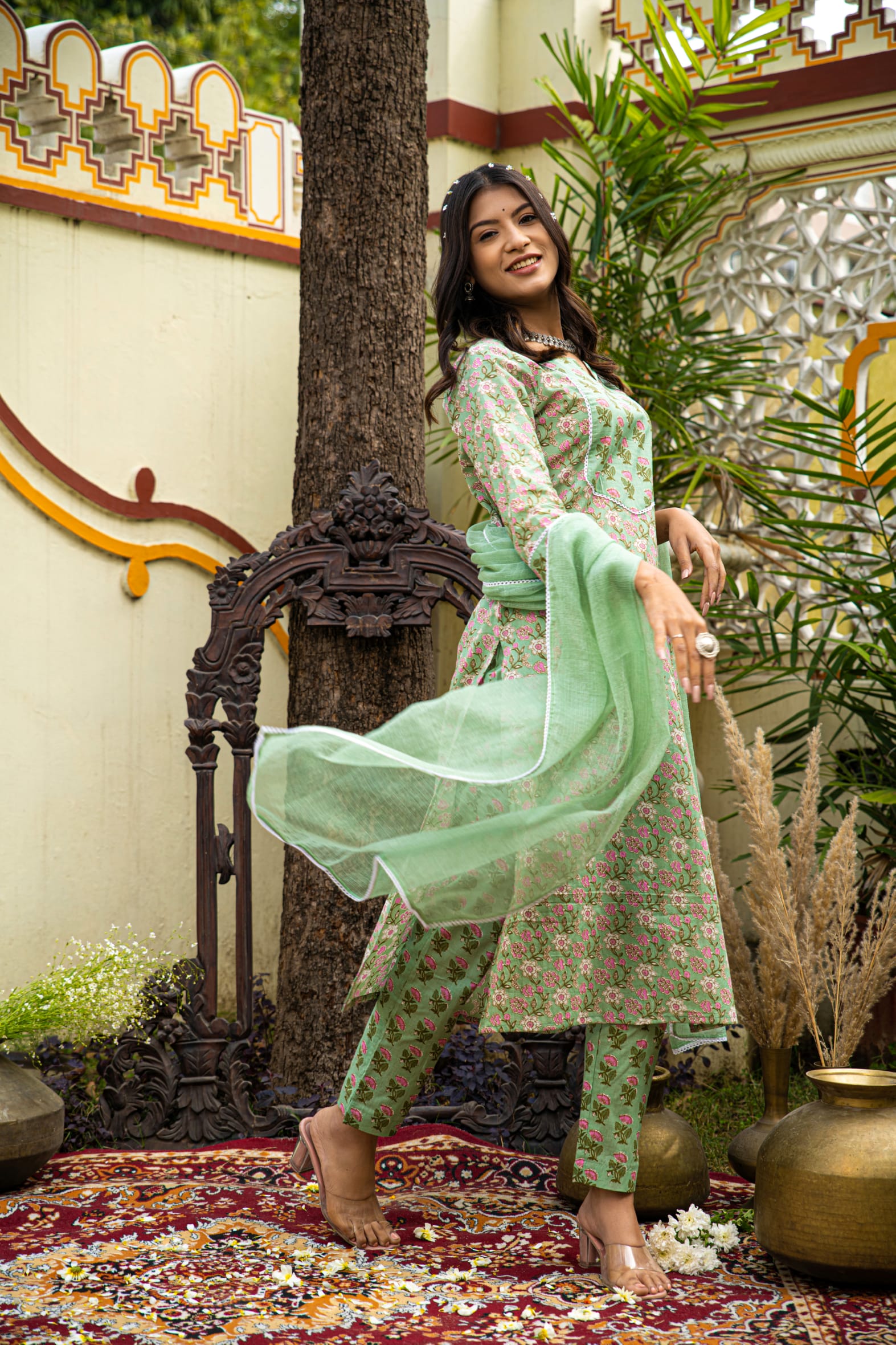 Green Cotton Kurta Pant & Kota Doria Dupatta Set