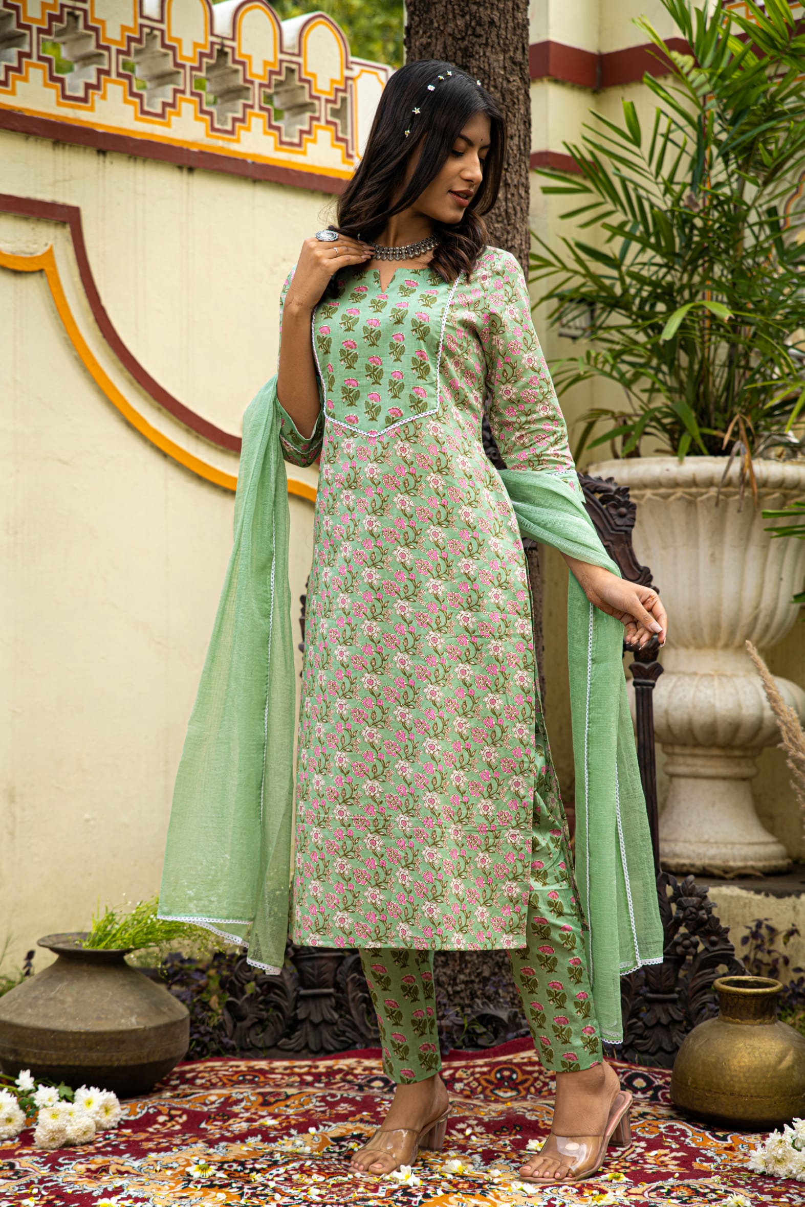 Green Cotton Kurta Pant & Kota Doria Dupatta Set