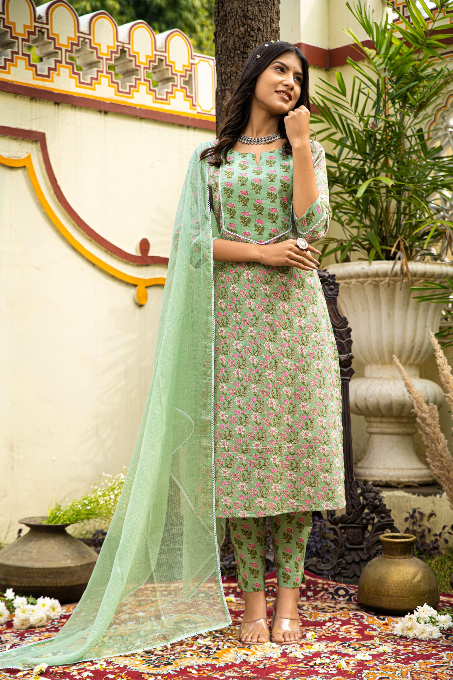 Green Cotton Kurta Pant & Kota Doria Dupatta Set