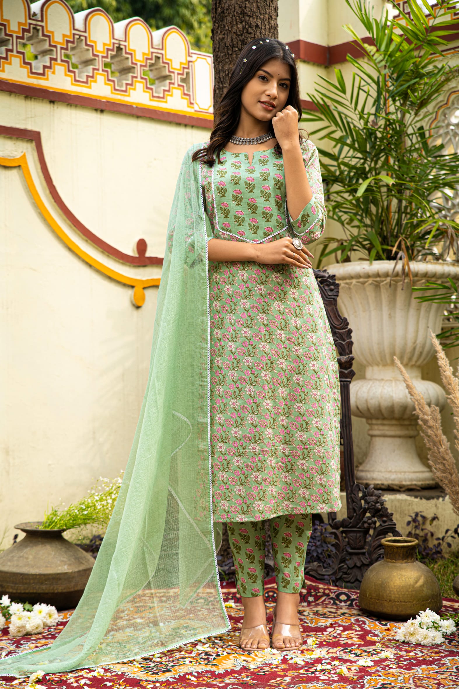 Green Cotton Kurta Pant & Kota Doria Dupatta Set