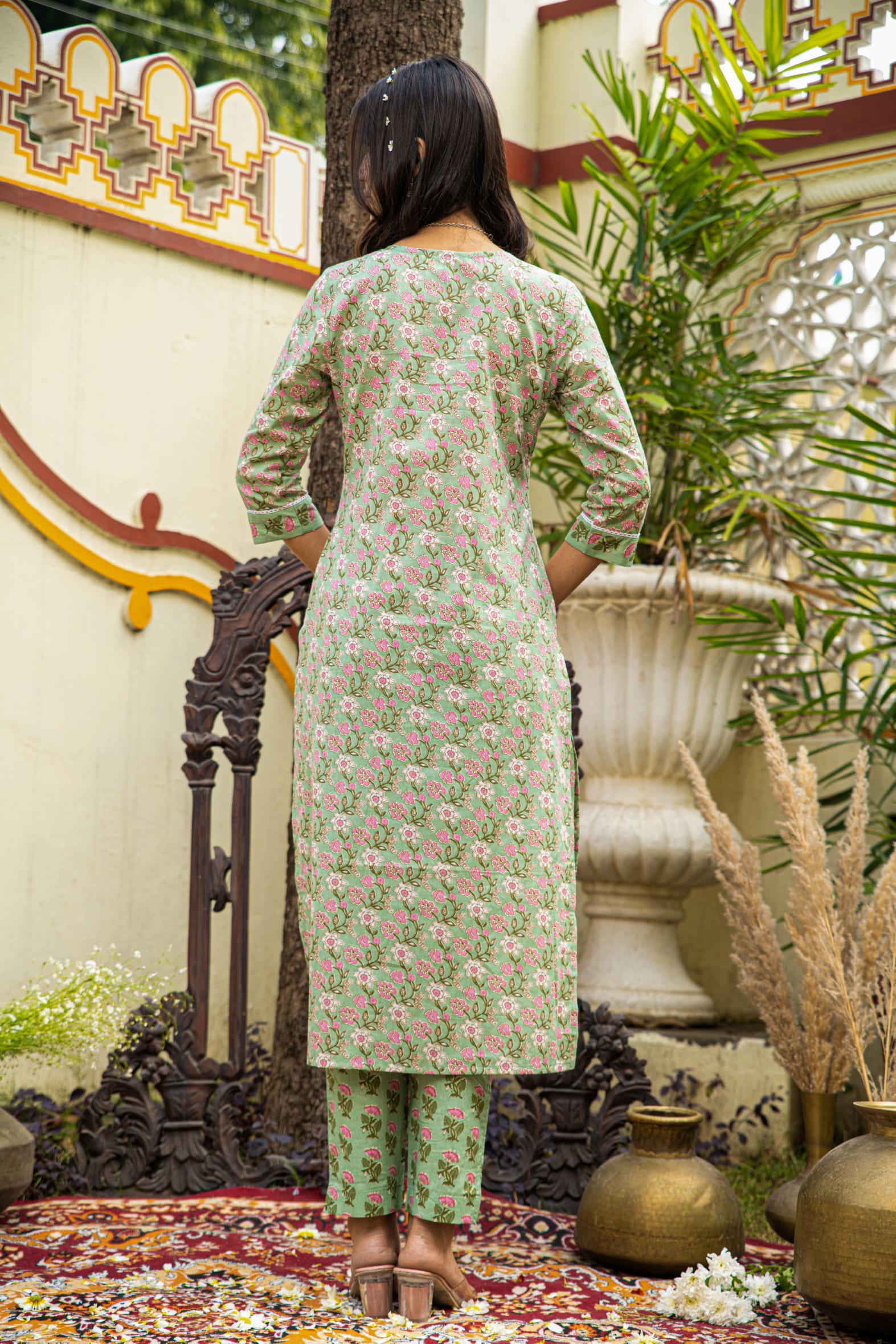 Green Cotton Kurta Pant & Kota Doria Dupatta Set