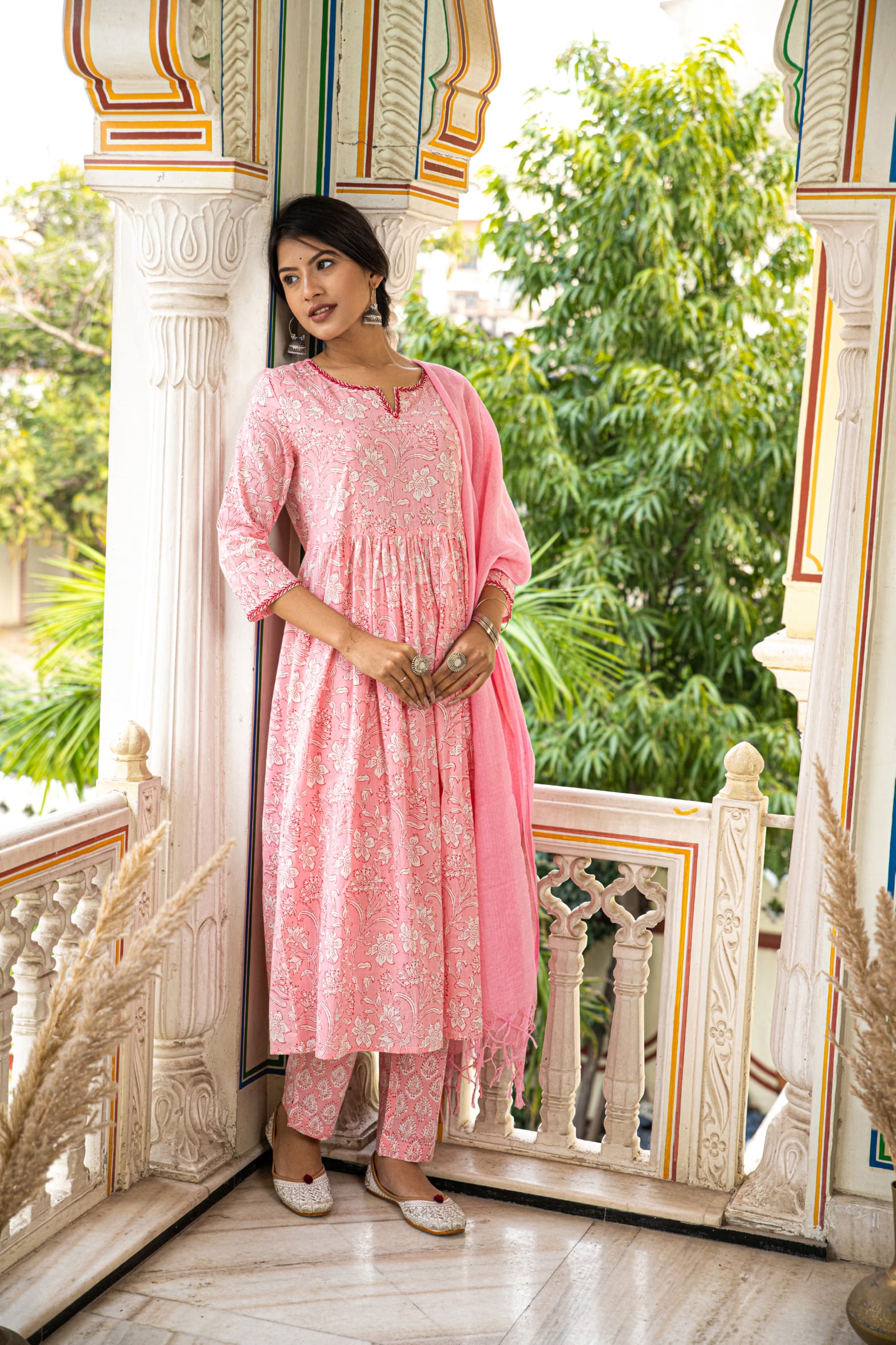 Pink Printed Cotton Kurta Pant & Kota Doria Dupatta Set