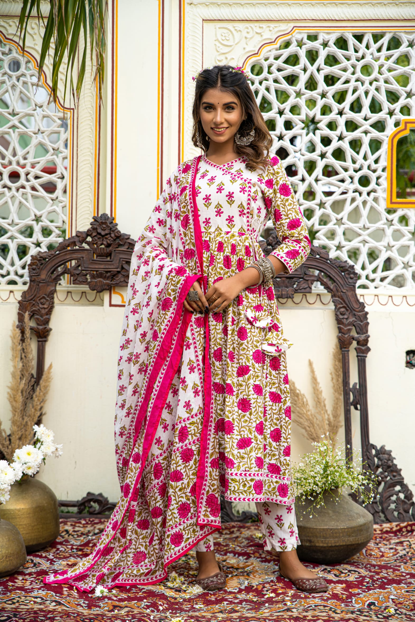 White Pink Hand Block Angrakha Cotton Kurta Pant Mulmul Set
