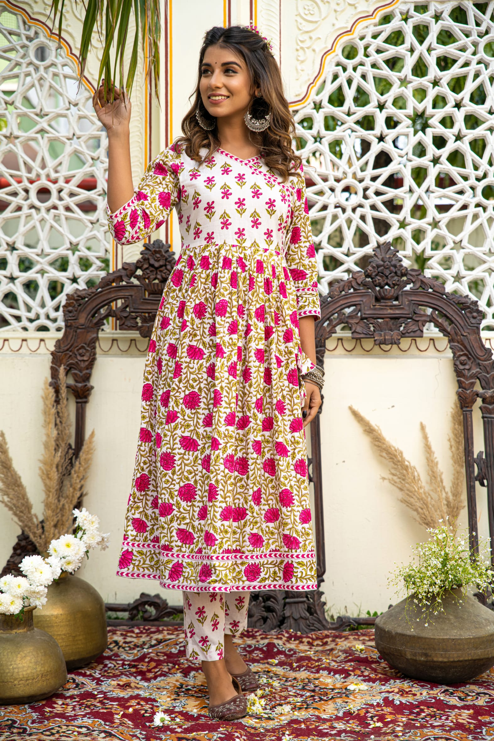 White Pink Hand Block Angrakha Cotton Kurta Pant Mulmul Set