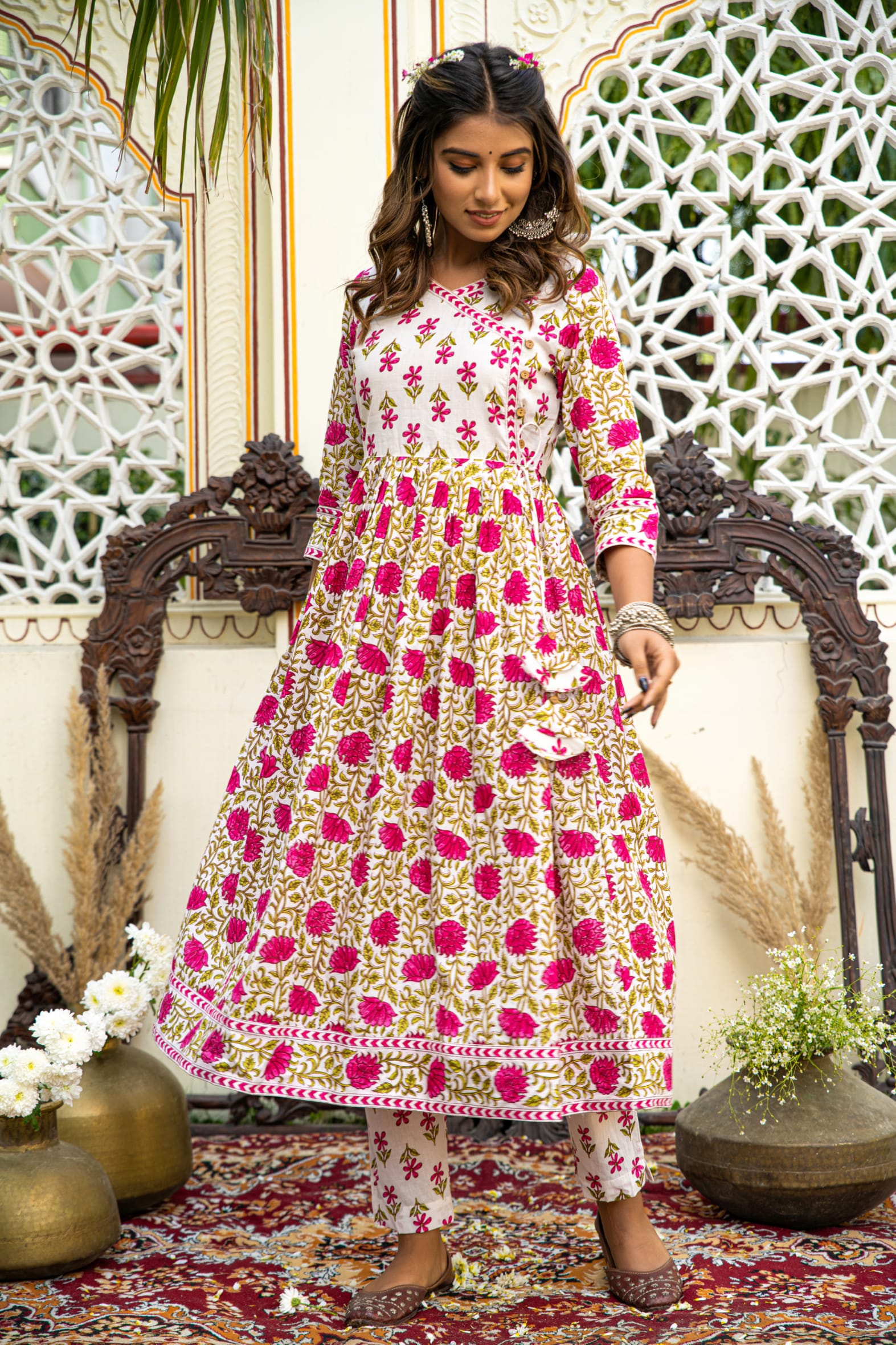 White Pink Hand Block Angrakha Cotton Kurta Pant Mulmul Set