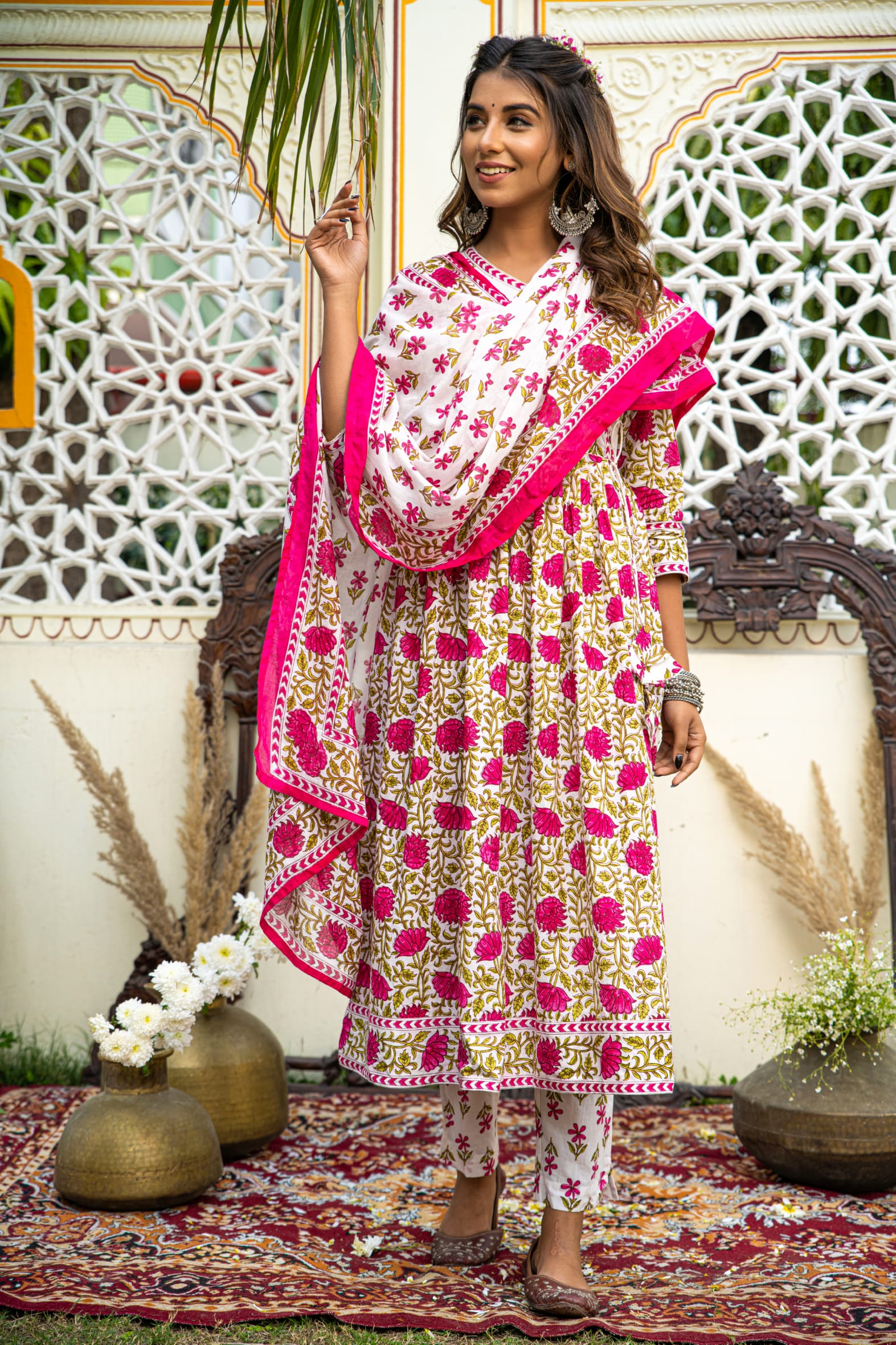 White Pink Hand Block Angrakha Cotton Kurta Pant Mulmul Set