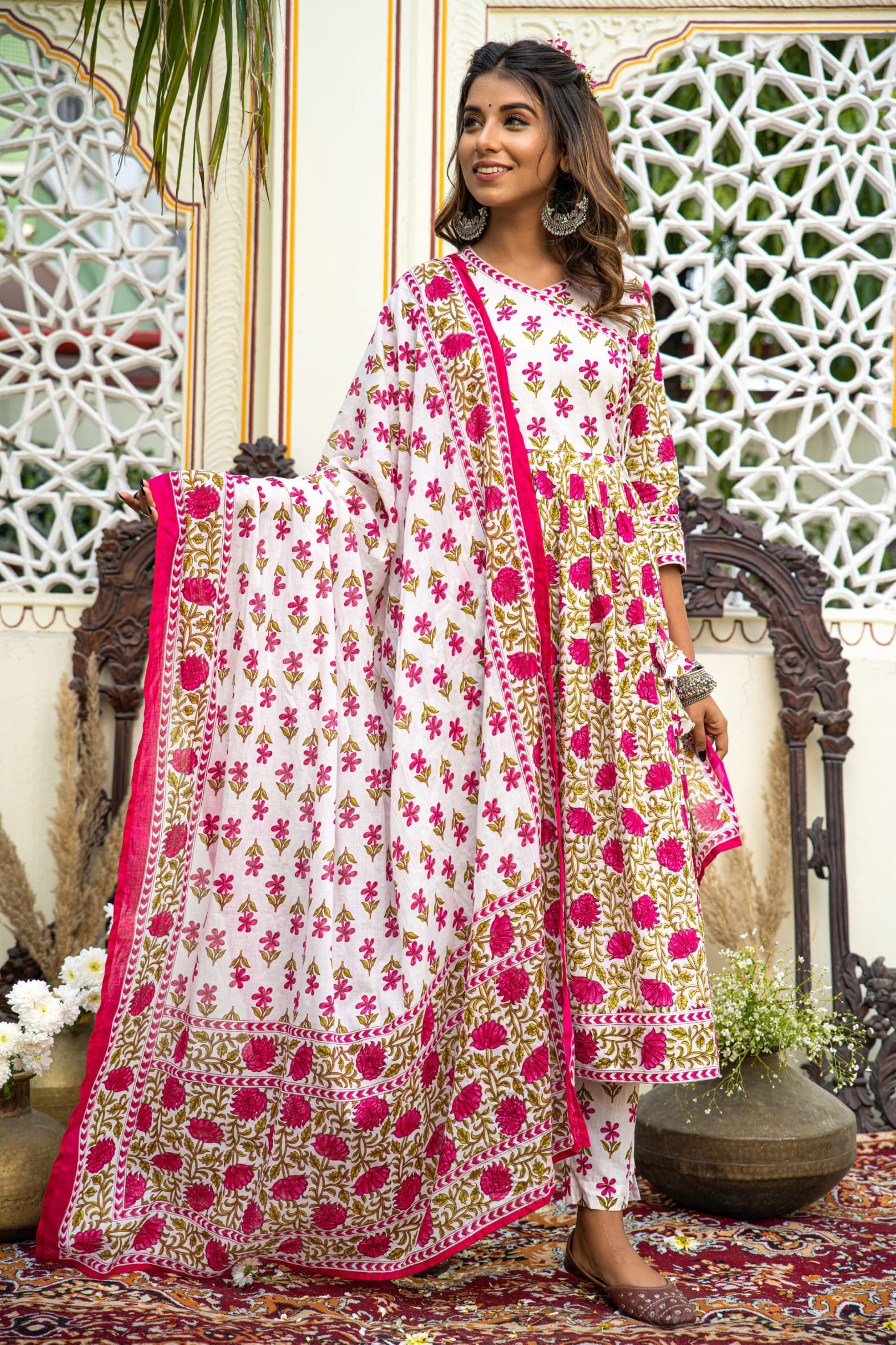 White Pink Hand Block Angrakha Cotton Kurta Pant Mulmul Set