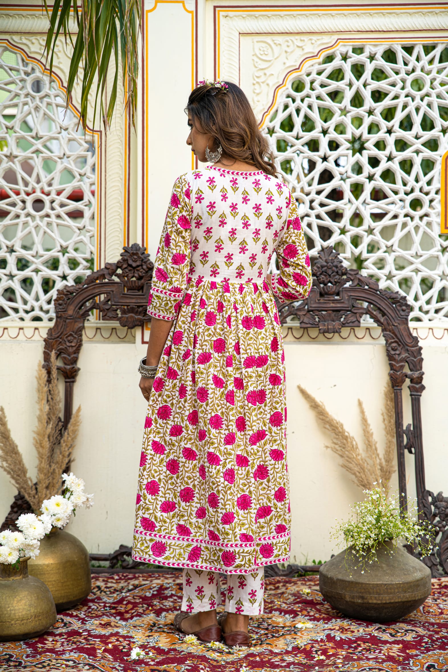 White Pink Hand Block Angrakha Cotton Kurta Pant Mulmul Set