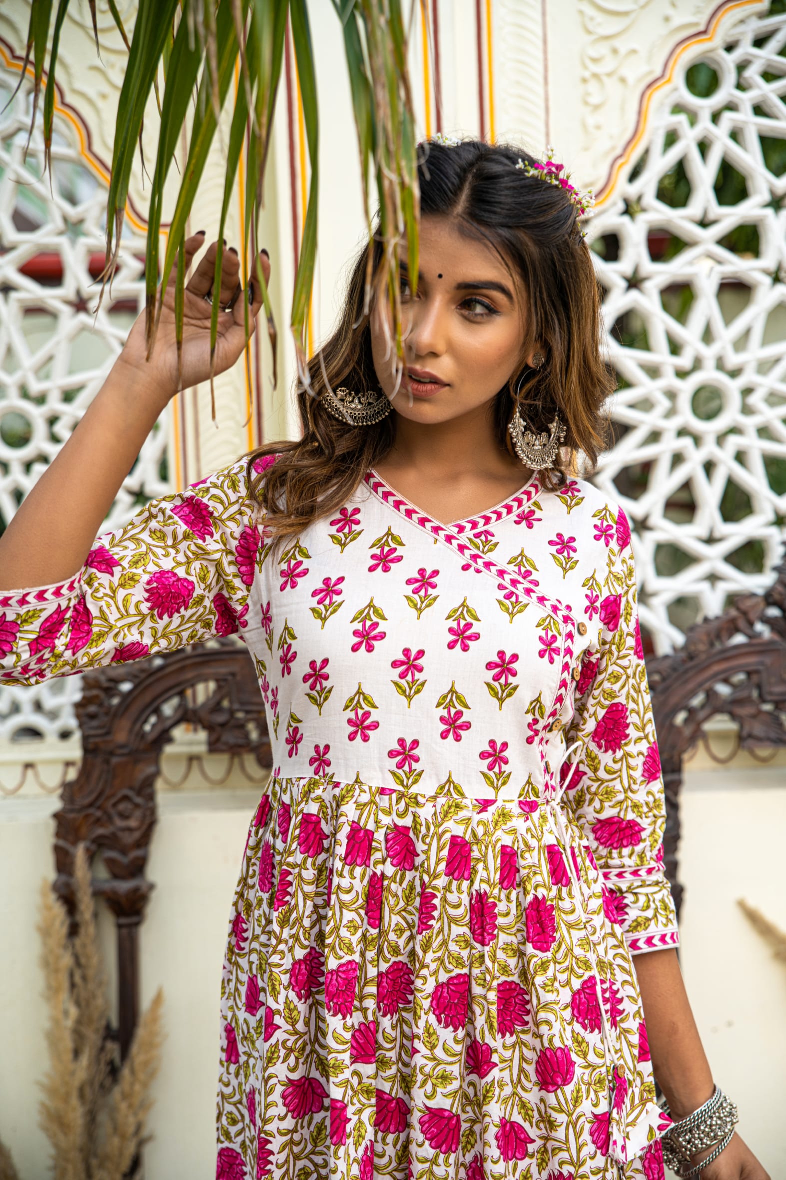White Pink Hand Block Angrakha Cotton Kurta Pant Mulmul Set