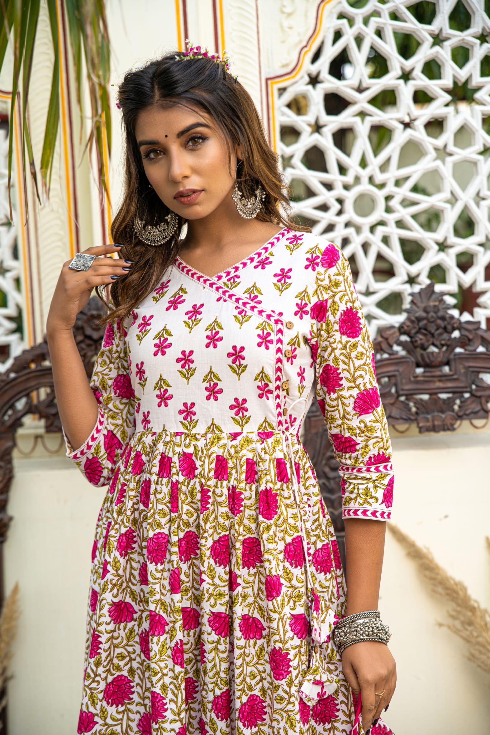 White Pink Hand Block Angrakha Cotton Kurta Pant Mulmul Set