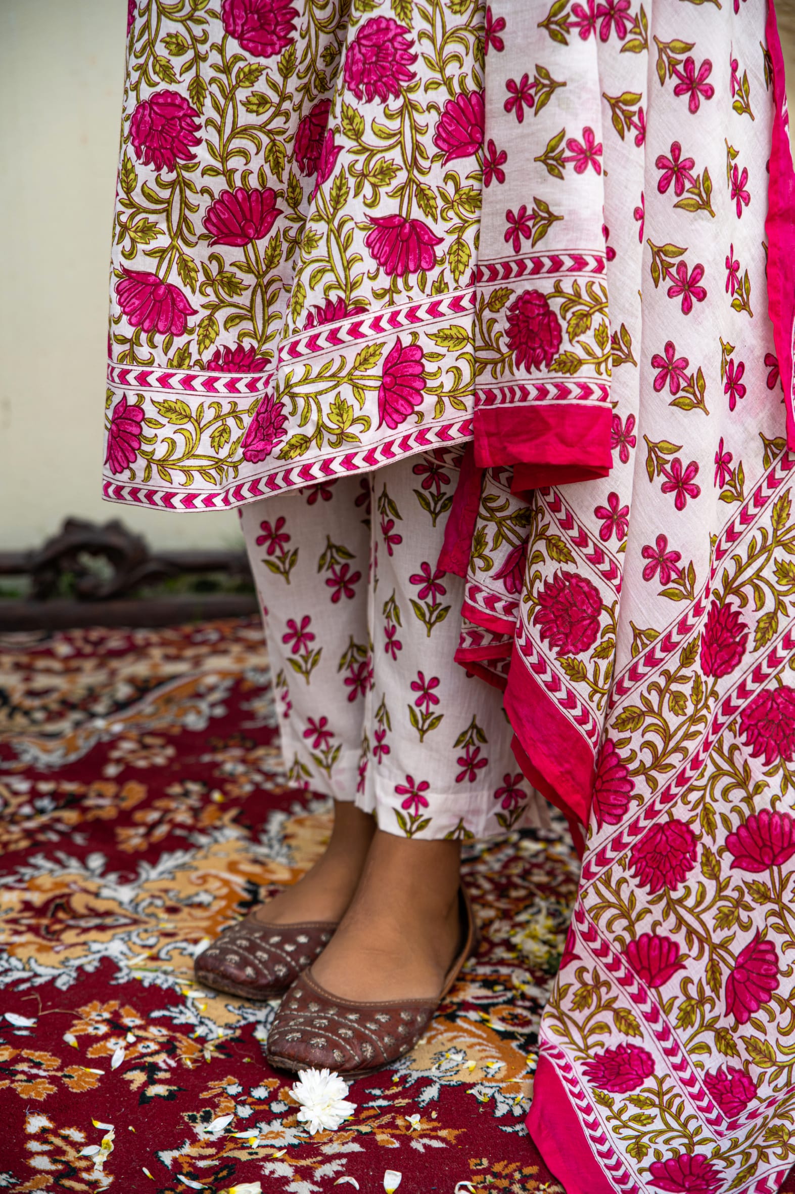White Pink Hand Block Angrakha Cotton Kurta Pant Mulmul Set