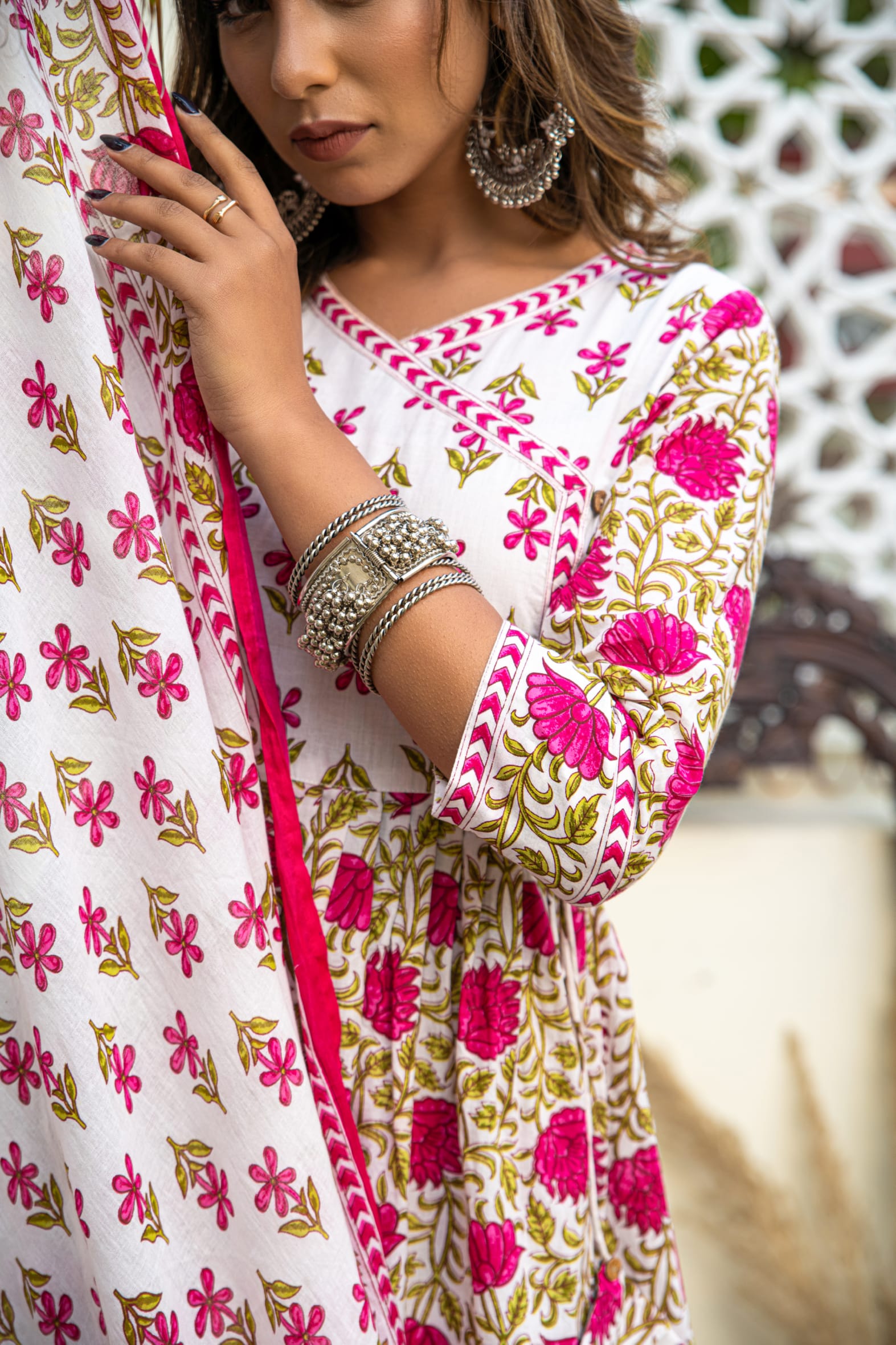 White Pink Hand Block Angrakha Cotton Kurta Pant Mulmul Set