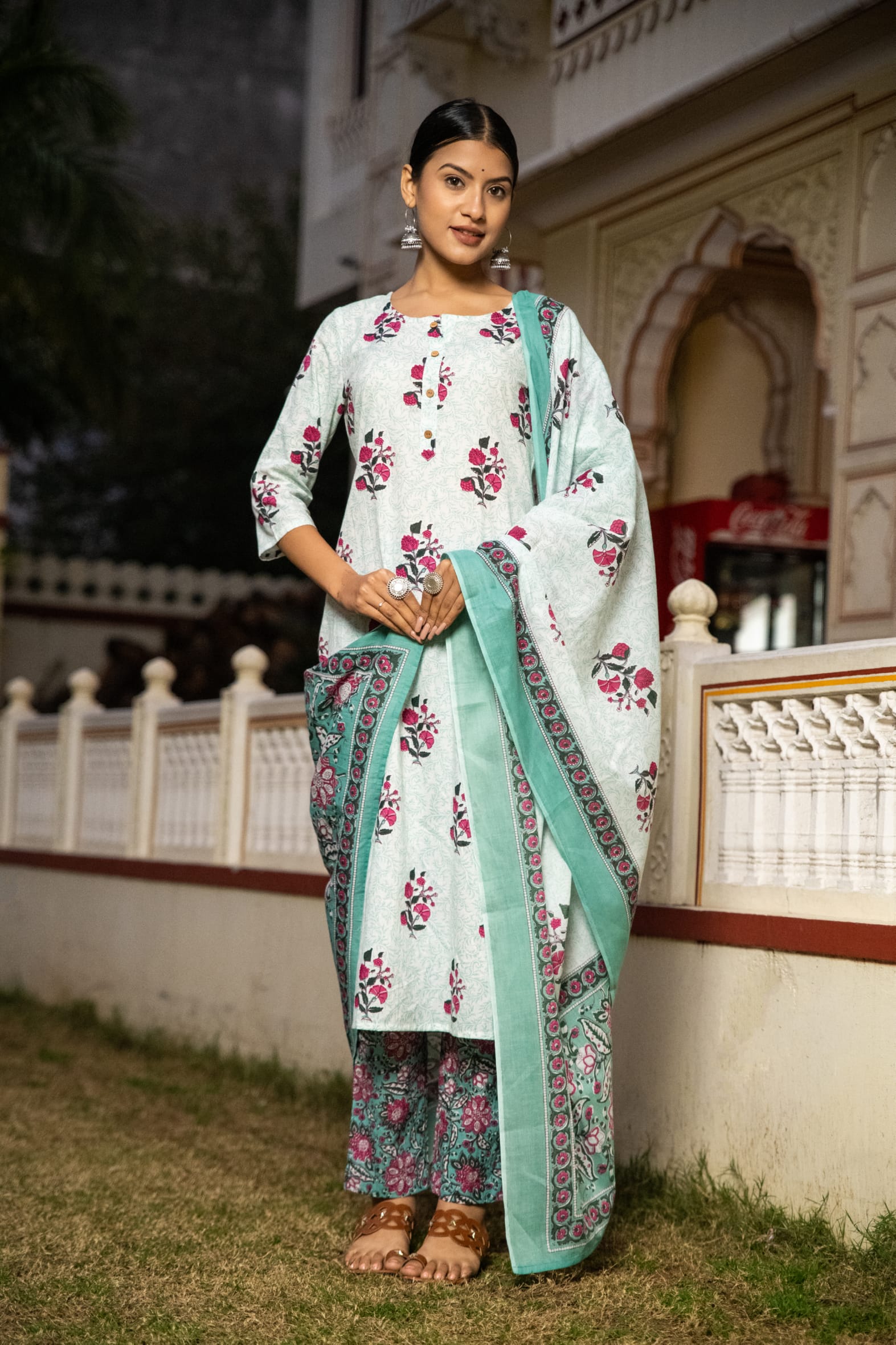 White Butta Cotton Kurta Pant & Mulmul Cotton Dupatta Set