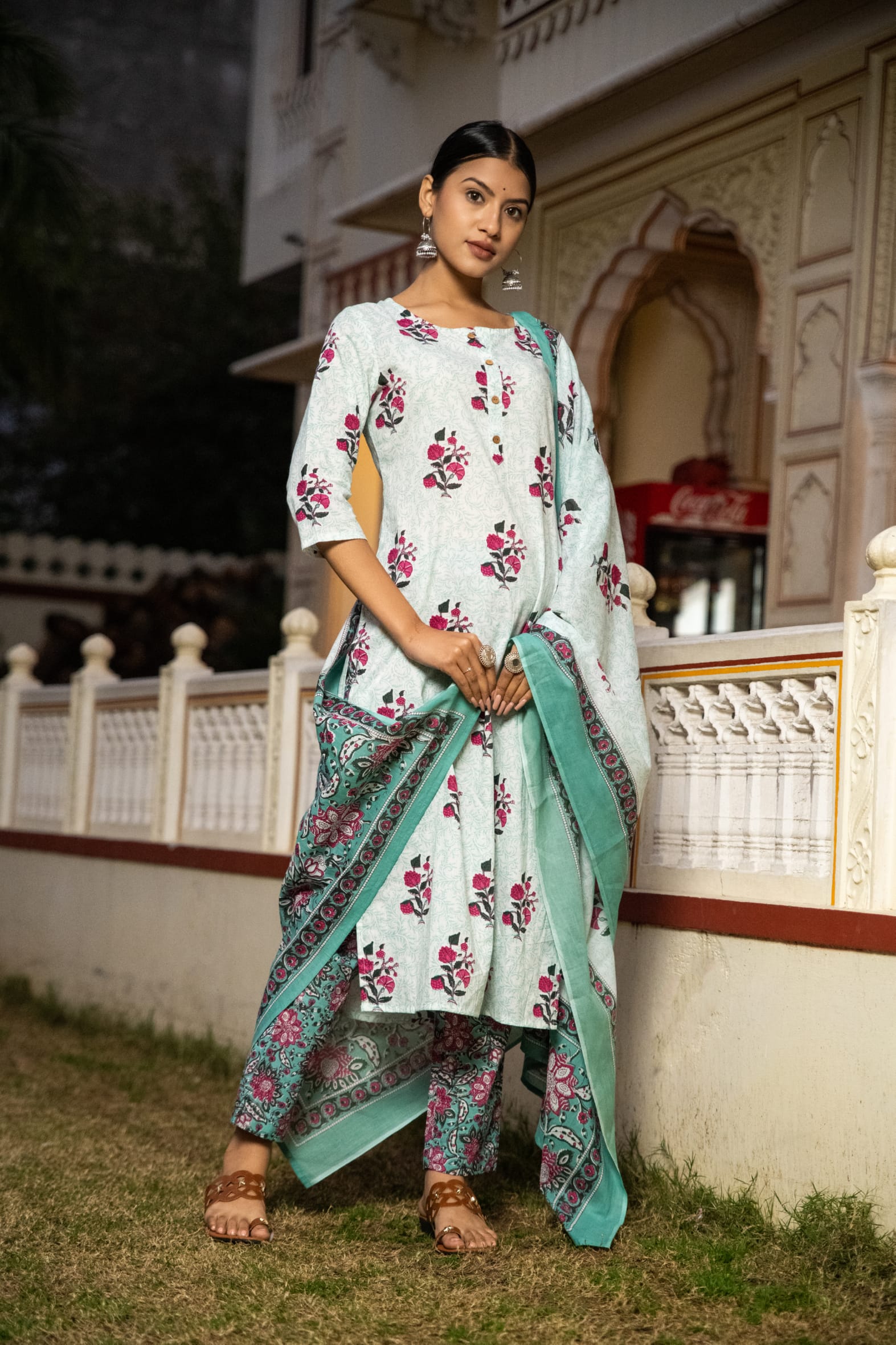 White Butta Cotton Kurta Pant & Mulmul Cotton Dupatta Set