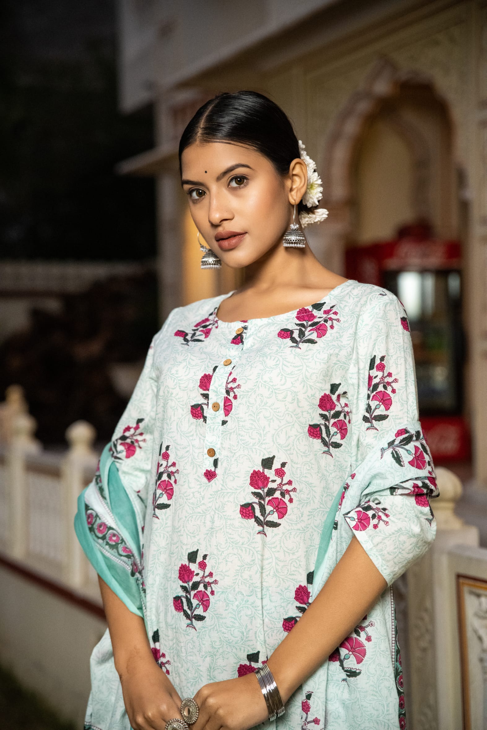 White Butta Cotton Kurta Pant & Mulmul Cotton Dupatta Set